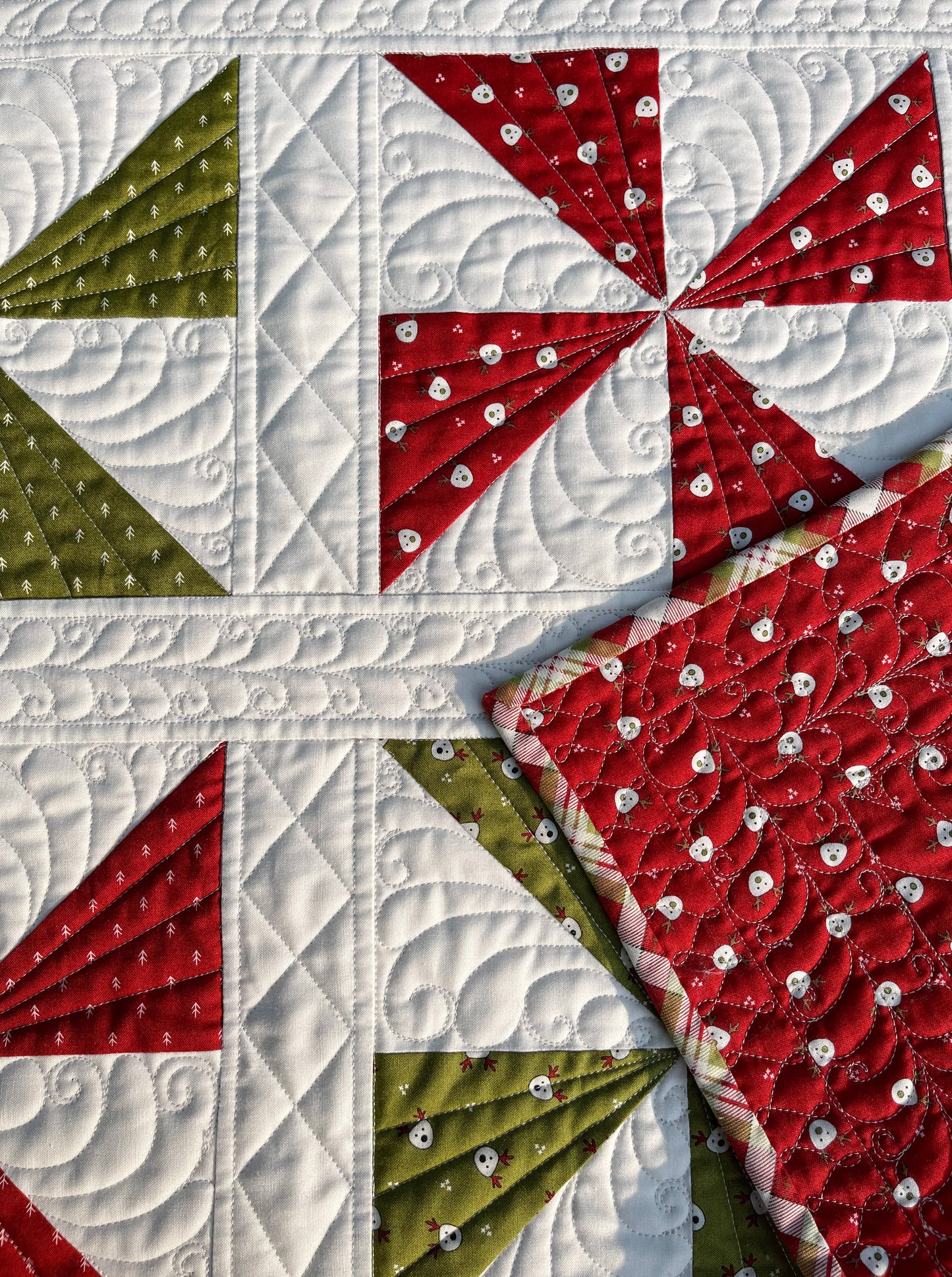 Handmade Christmas Baby Quilt, Pinwheels Heirloom Baby Quilt, Custom Quilted (34x34) Ready to Ship!