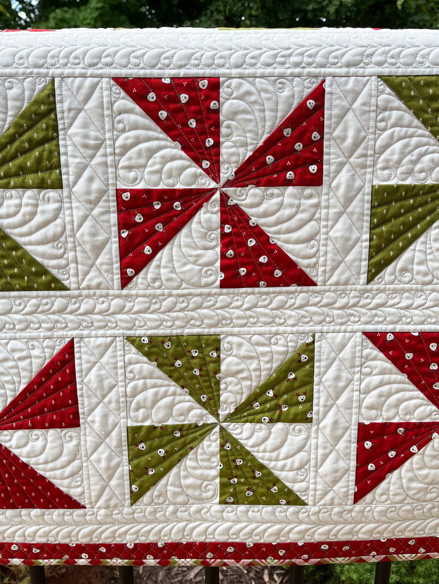 Handmade Christmas Baby Quilt, Pinwheels Heirloom Baby Quilt, Custom Quilted (34x34) Ready to Ship!
