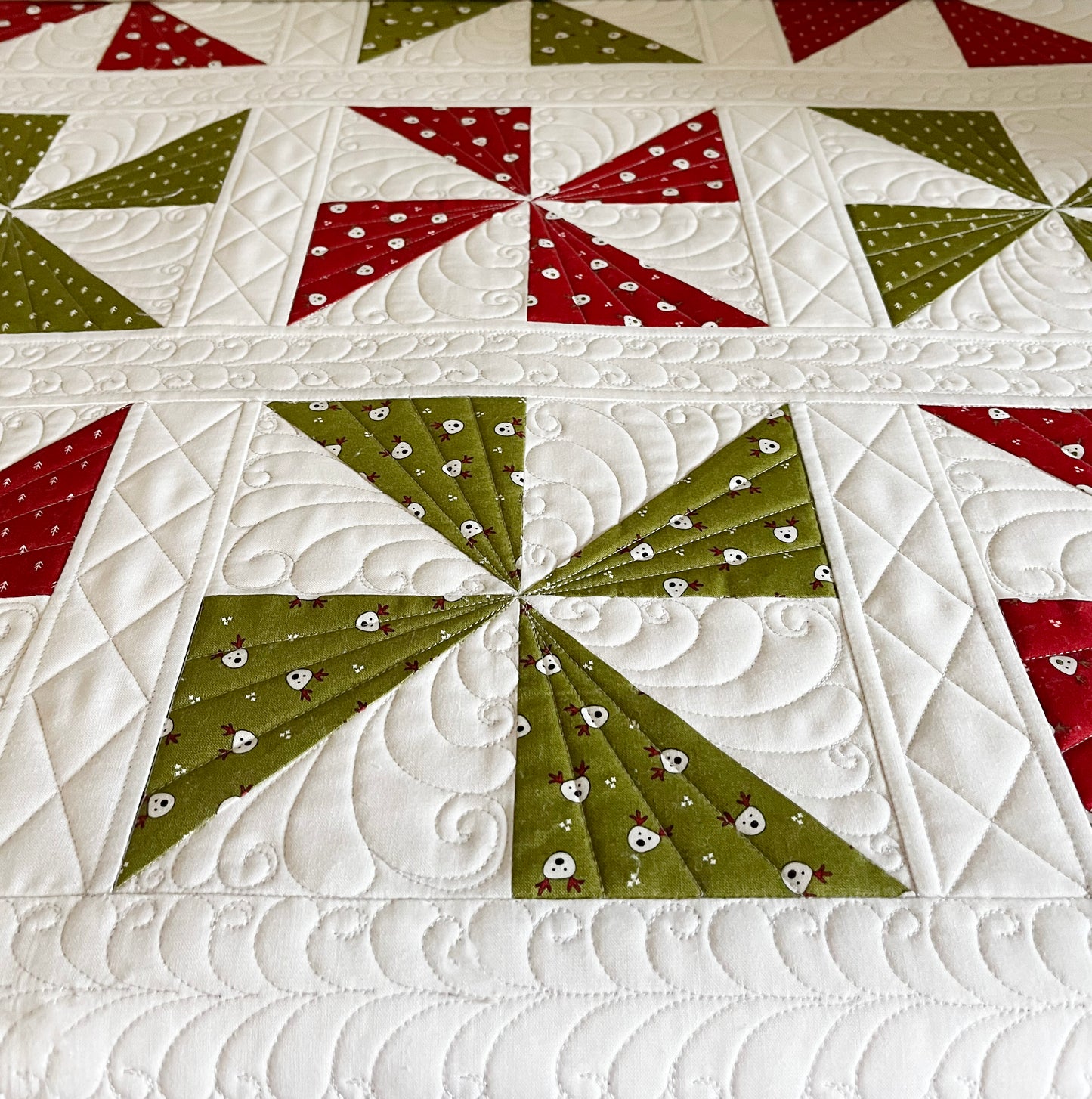 Handmade Christmas Baby Quilt, Pinwheels Heirloom Baby Quilt, Custom Quilted (34x34) Ready to Ship!
