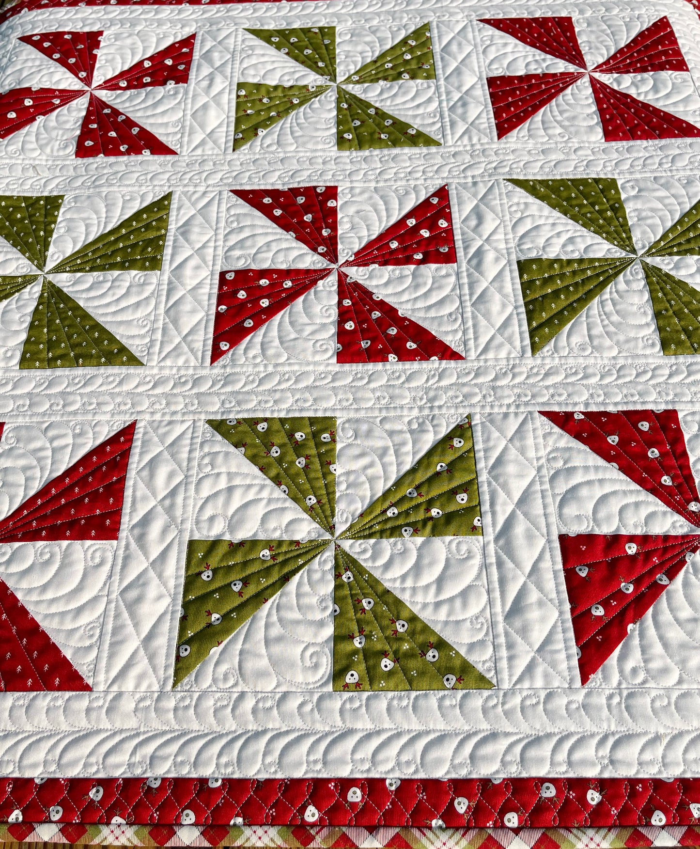 Handmade Christmas Baby Quilt, Pinwheels Heirloom Baby Quilt, Custom Quilted (34x34) Ready to Ship!