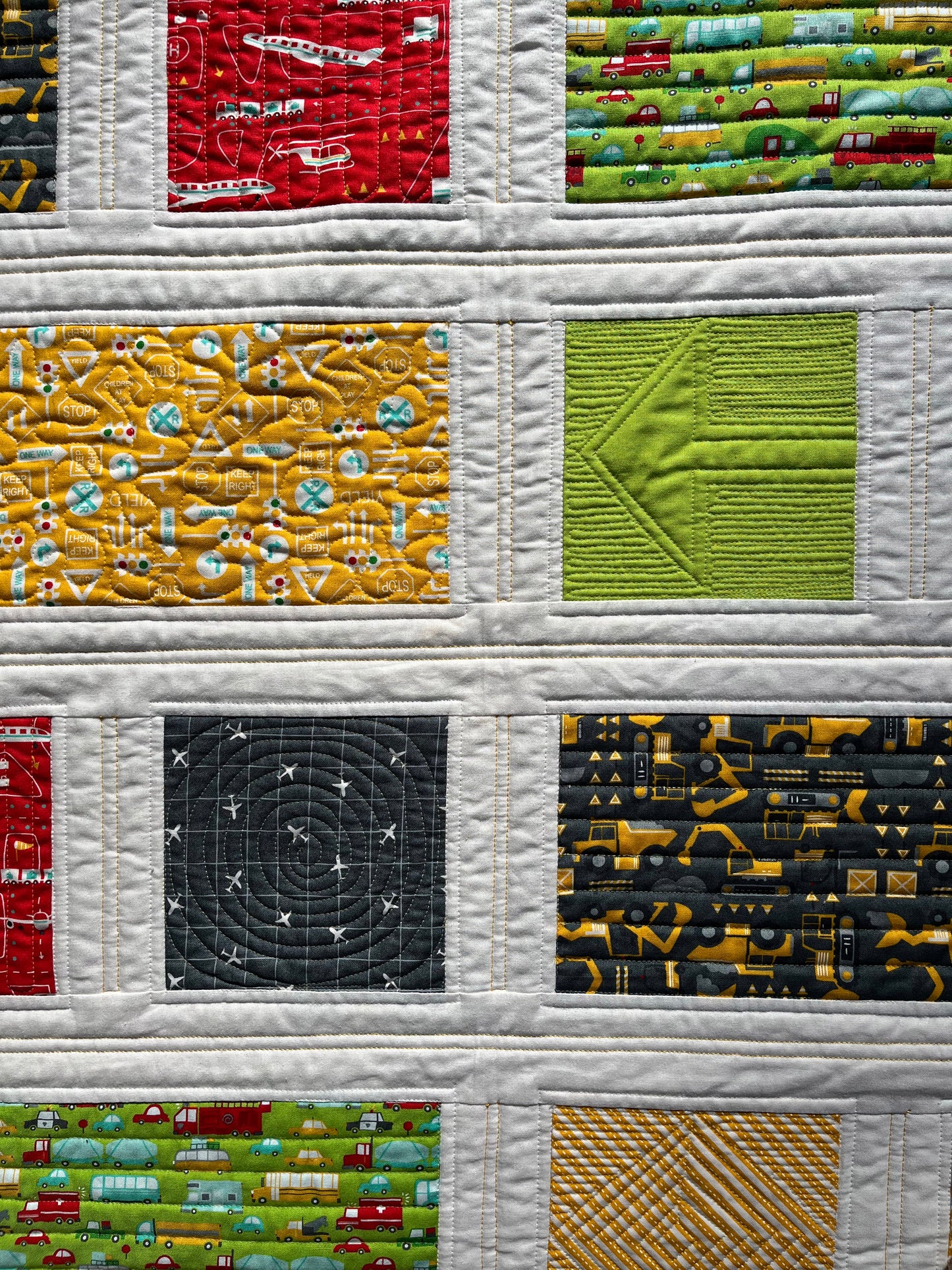 Handmade Baby, Toddler Quilt - Baby Blanket with Cars, Trucks, Bulldozers & Airplanes - Custom Quilted (41x41) Ready to Ship!