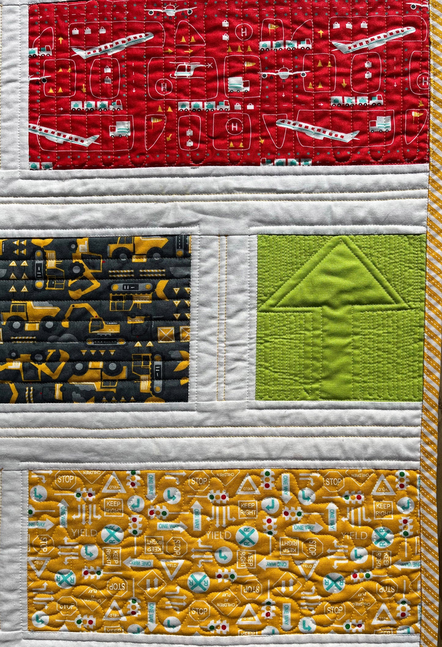 Handmade Baby, Toddler Quilt - Baby Blanket with Cars, Trucks, Bulldozers & Airplanes - Custom Quilted (41x41) Ready to Ship!