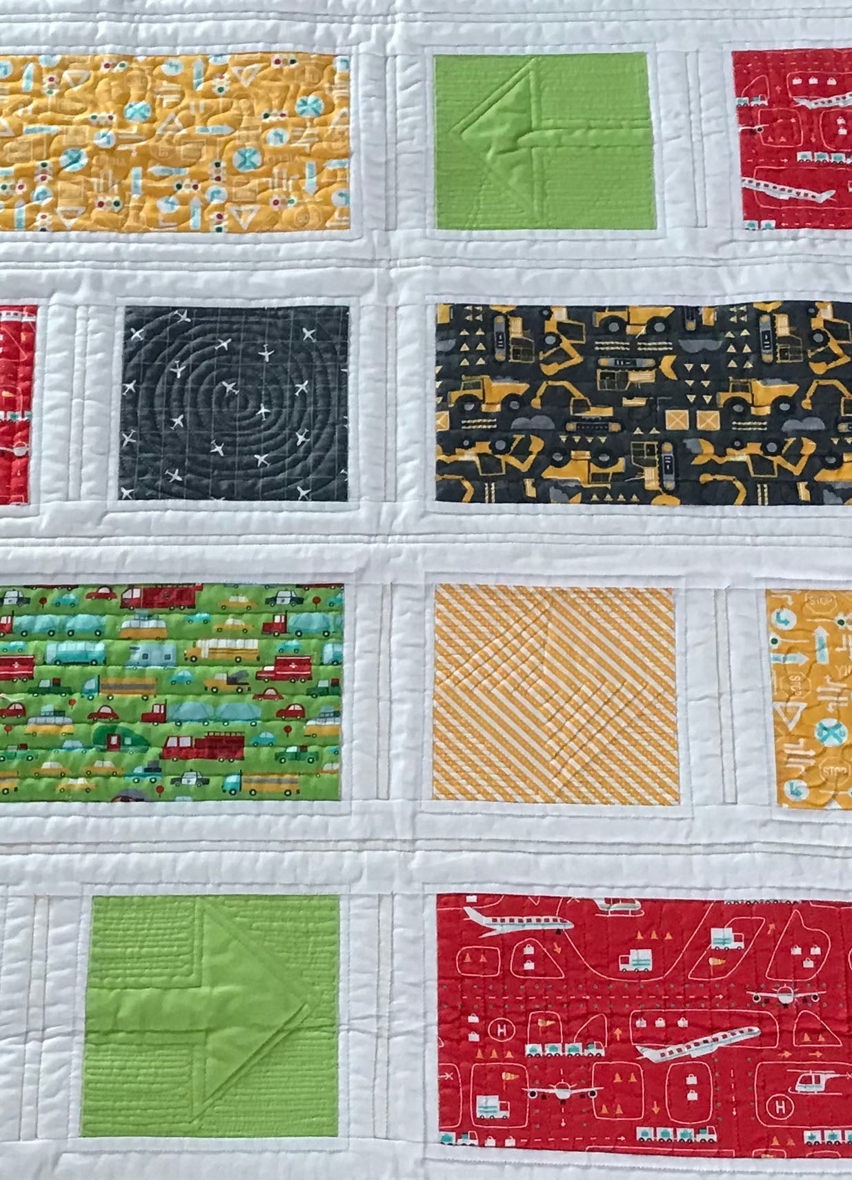 Handmade Baby, Toddler Quilt - Baby Blanket with Cars, Trucks, Bulldozers & Airplanes - Custom Quilted (41x41) Ready to Ship!