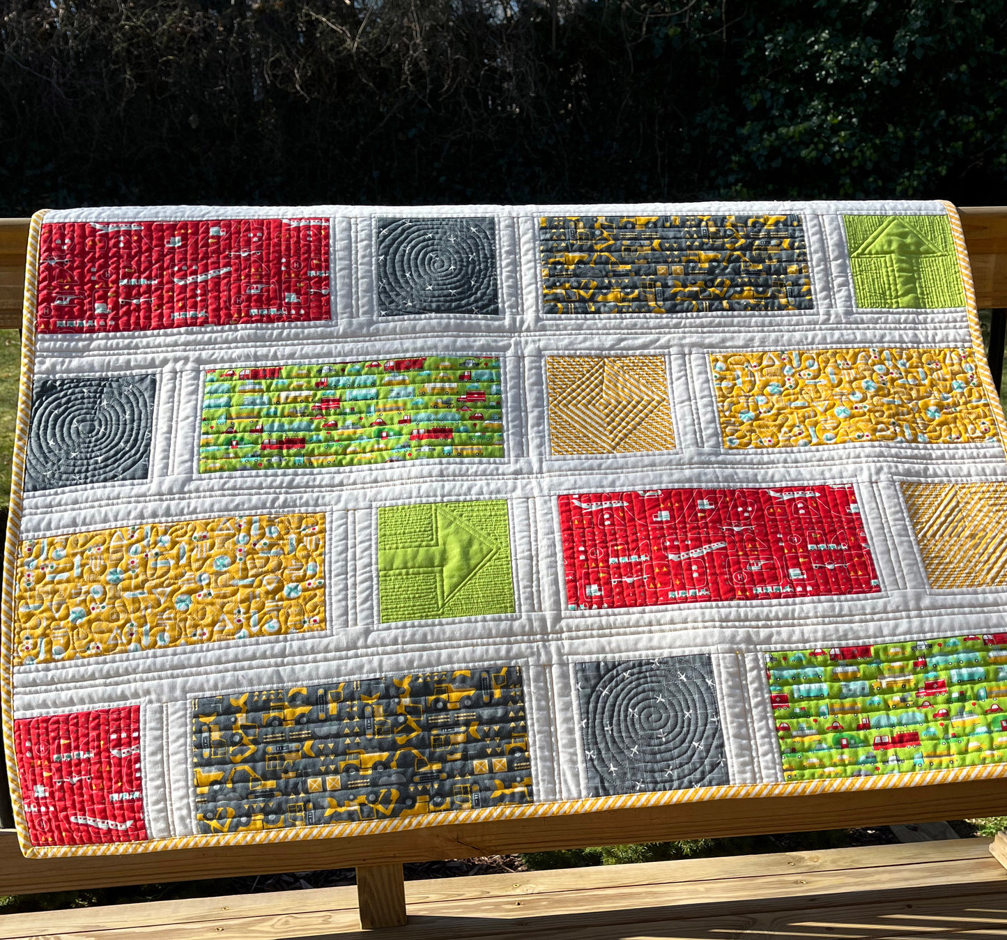 Handmade Baby, Toddler Quilt - Baby Blanket with Cars, Trucks, Bulldozers & Airplanes - Custom Quilted (41x41) Ready to Ship!