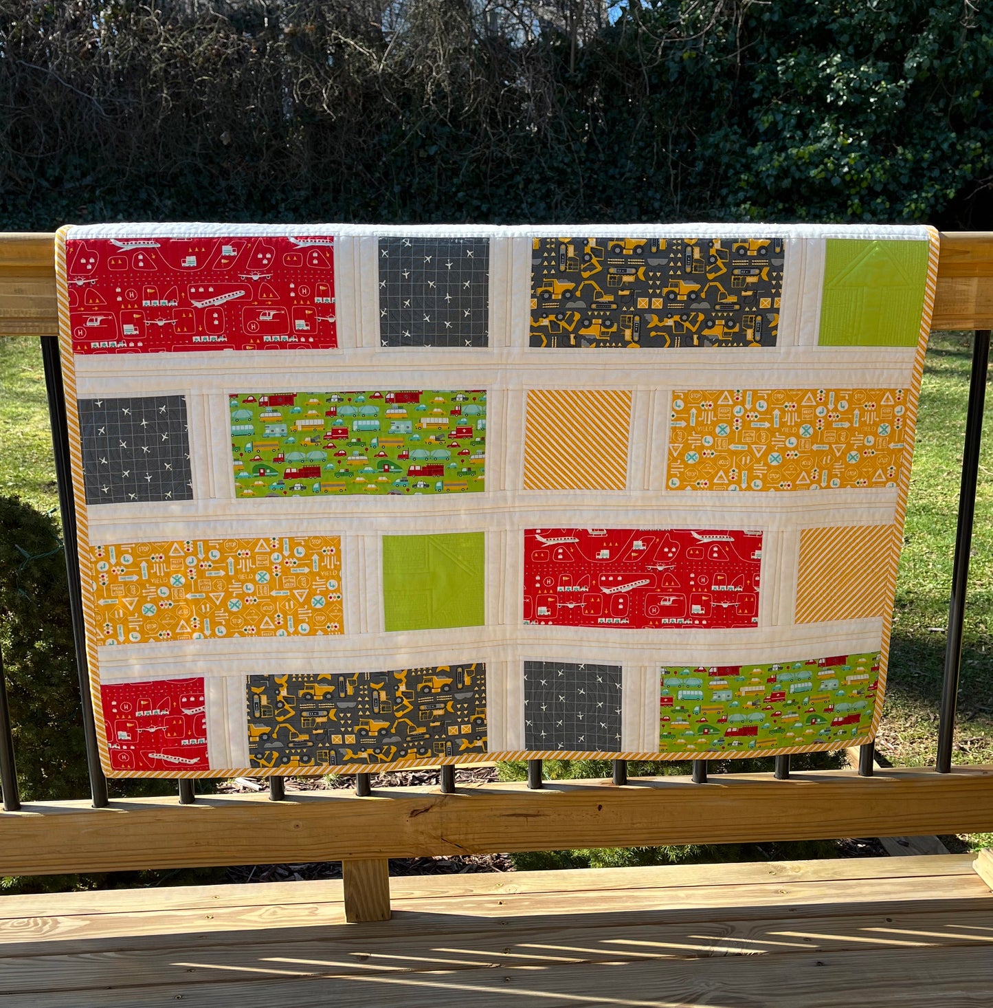 Handmade Baby, Toddler Quilt - Baby Blanket with Cars, Trucks, Bulldozers & Airplanes - Custom Quilted (41x41) Ready to Ship!