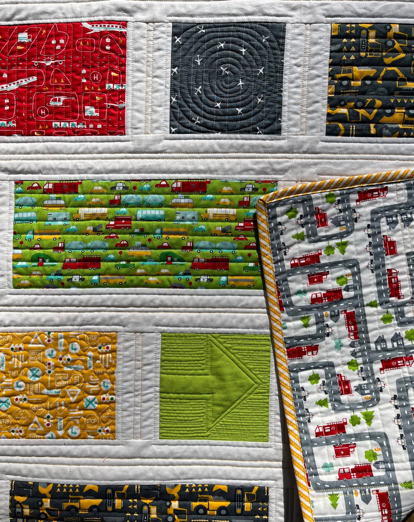 Handmade Baby, Toddler Quilt - Baby Blanket with Cars, Trucks, Bulldozers & Airplanes - Custom Quilted (41x41) Ready to Ship!