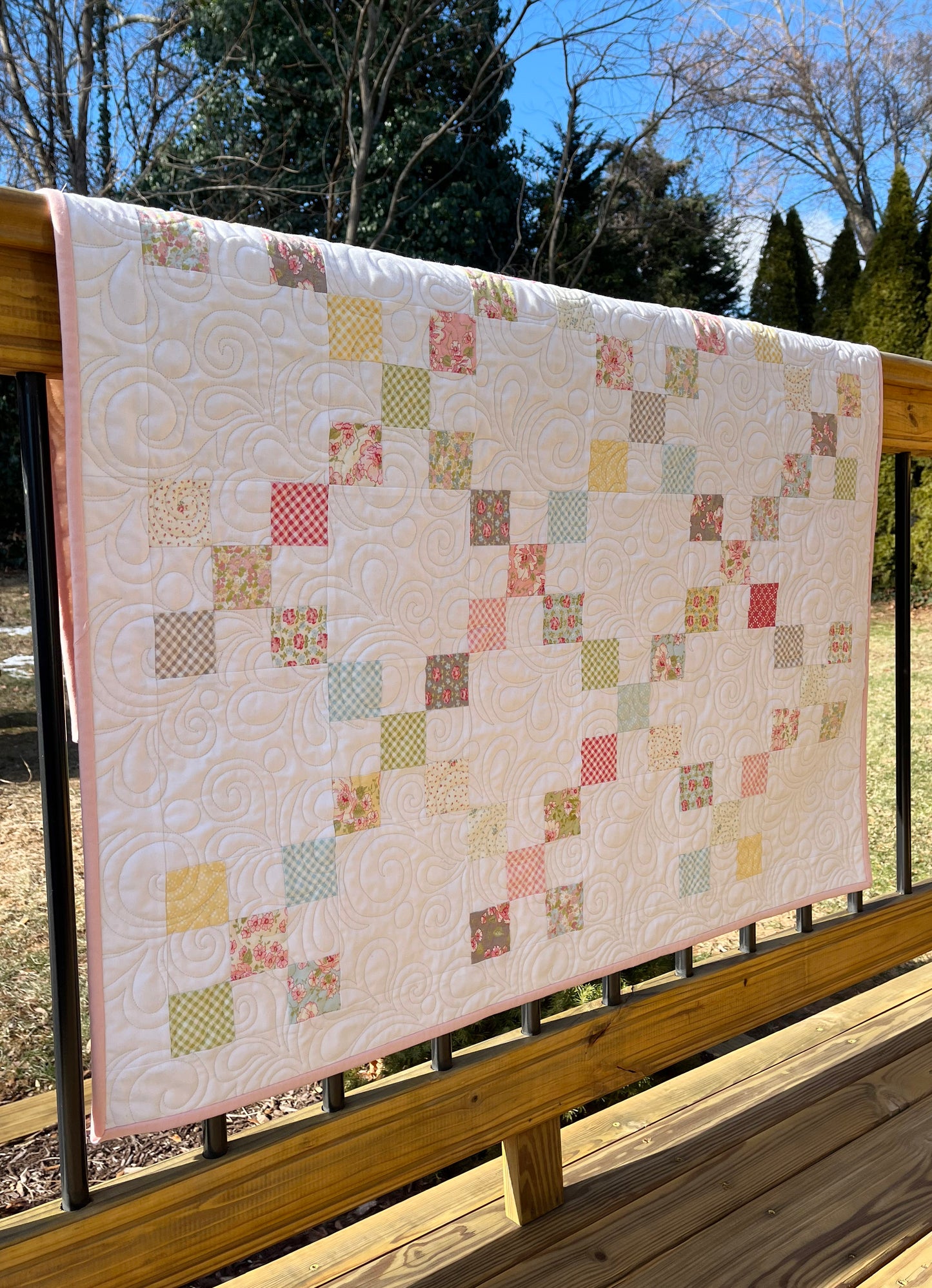 Handmade Baby Girl Quilt - Heirloom Baby Girl Blanket, Irish Chain Quilt - Beautiful Soft Colors (40x46) - Ready to Ship!