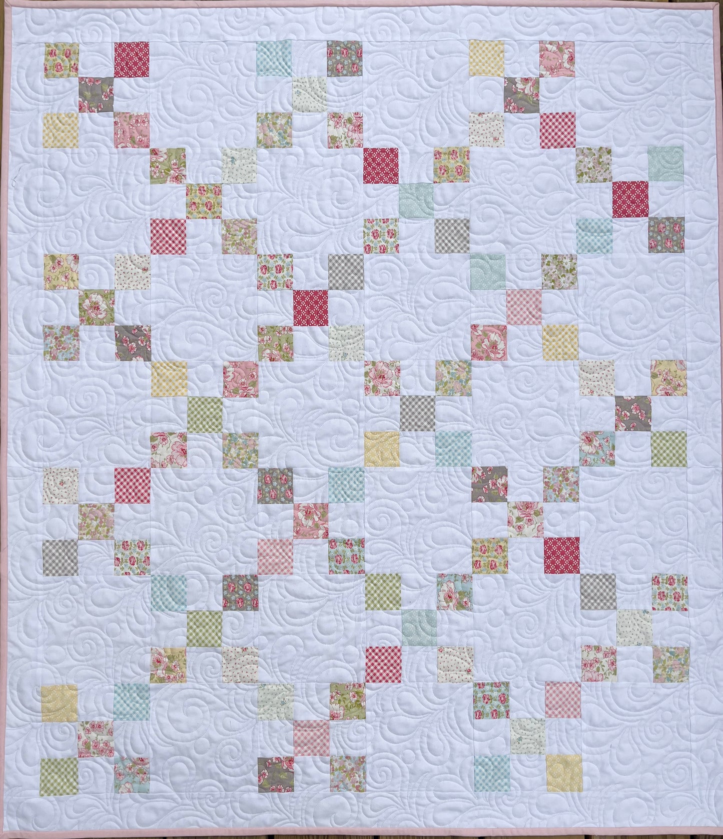 Handmade Baby Girl Quilt - Heirloom Baby Girl Blanket, Irish Chain Quilt - Beautiful Soft Colors (40x46) - Ready to Ship!