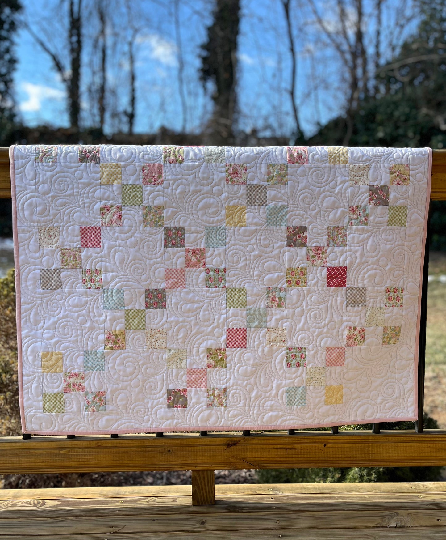 Handmade Baby Girl Quilt - Heirloom Baby Girl Blanket, Irish Chain Quilt - Beautiful Soft Colors (40x46) - Ready to Ship!