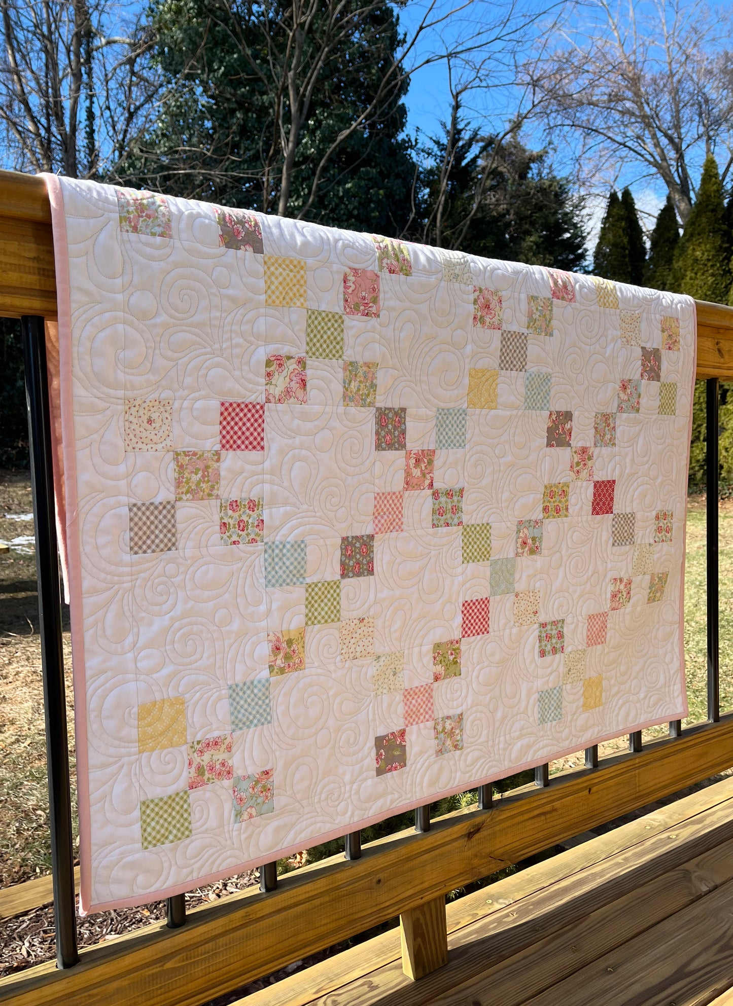 Handmade Baby Girl Quilt - Heirloom Baby Girl Blanket, Irish Chain Quilt - Beautiful Soft Colors (40x46) - Ready to Ship!
