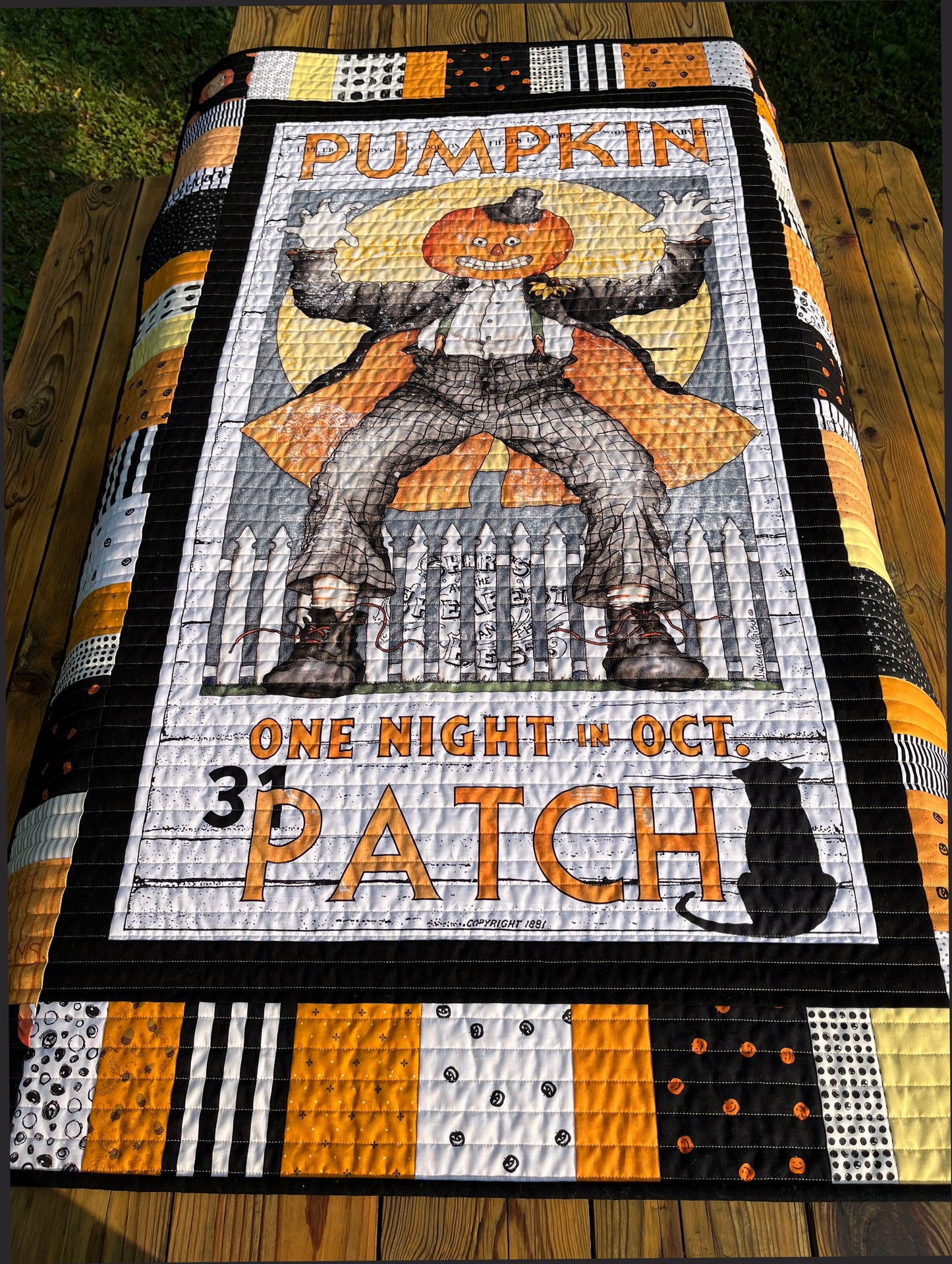 Handmade Halloween Quilt - Pumpkin Patch Jack - Lap Quilt, Table Topper, Wall Hanging (36x55) Ready to Ship!
