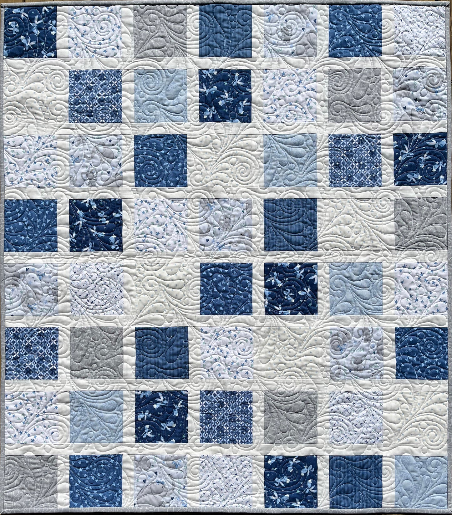 Handmade Baby Boy Quilt, Baby Boy Blanket, Adorable Bunnies, Elephants in Blue, Grey, White (38x43) Ready to Ship!