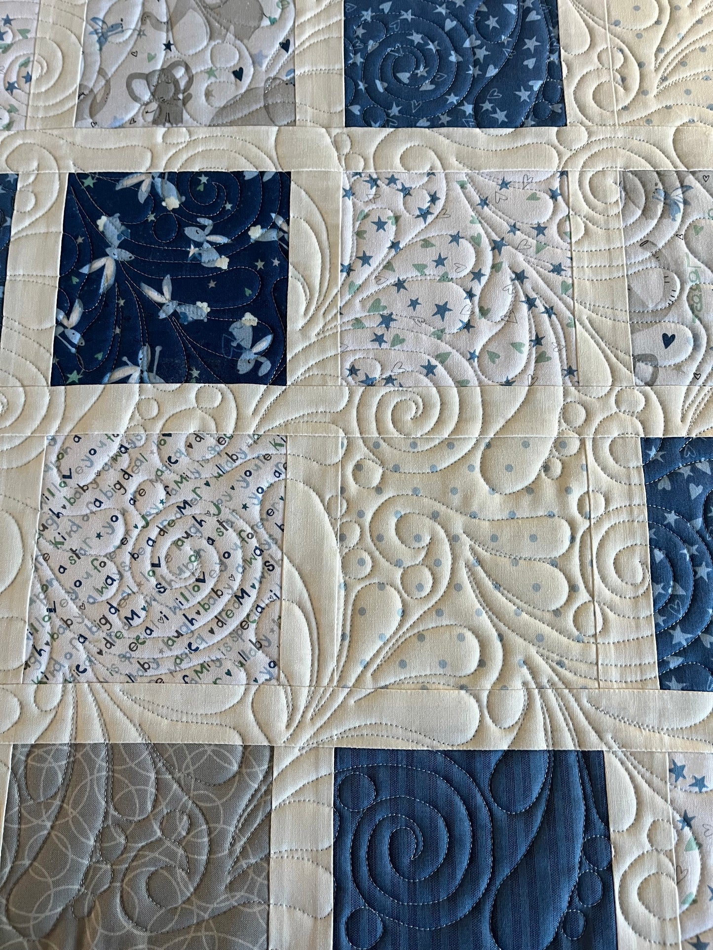 Handmade Baby Boy Quilt, Easter Baby Boy Blanket, Adorable Bunnies, Elephants in Blue, Grey, White (38x43) Ready to Ship!