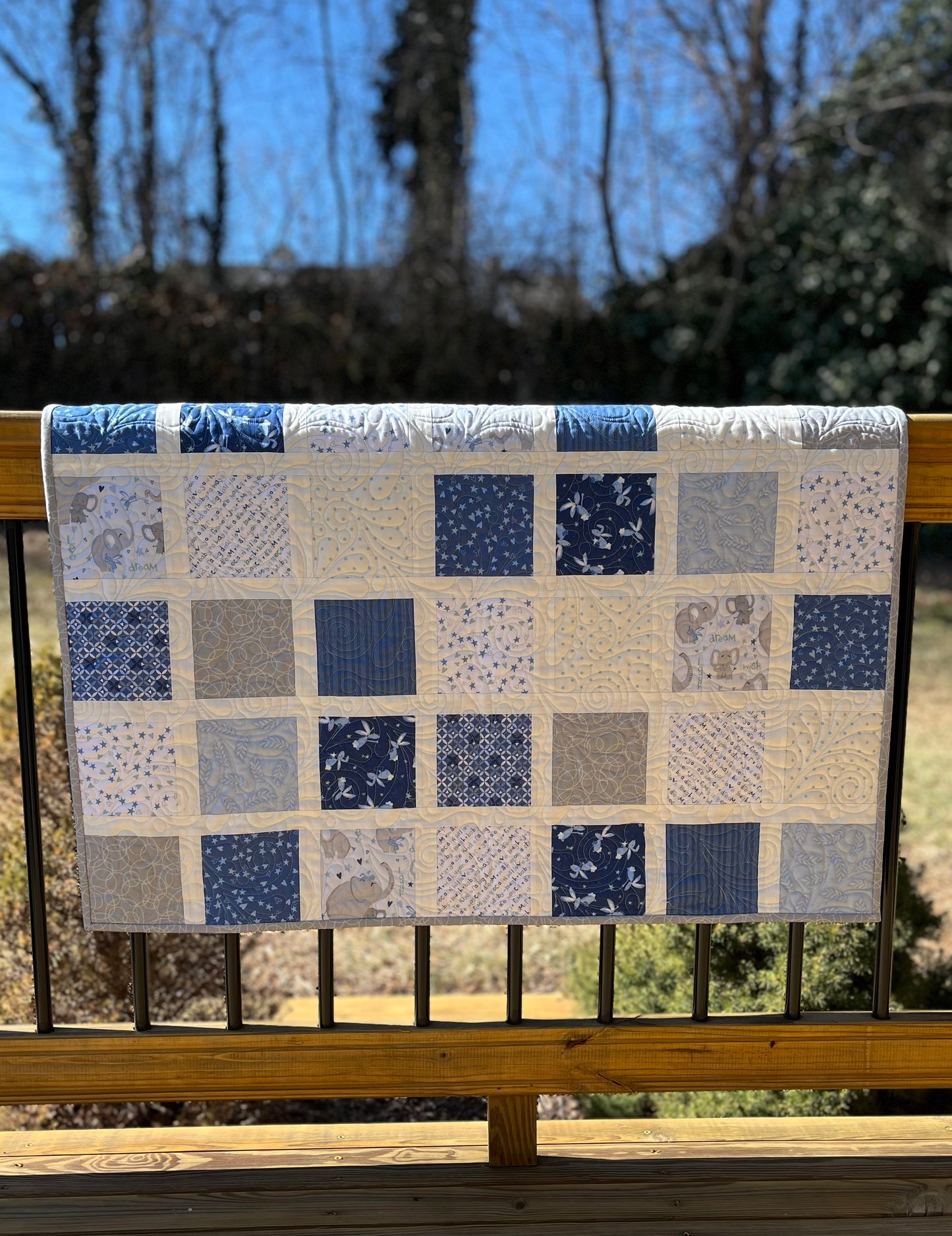 Handmade Baby Boy Quilt, Easter Baby Boy Blanket, Adorable Bunnies, Elephants in Blue, Grey, White (38x43) Ready to Ship!