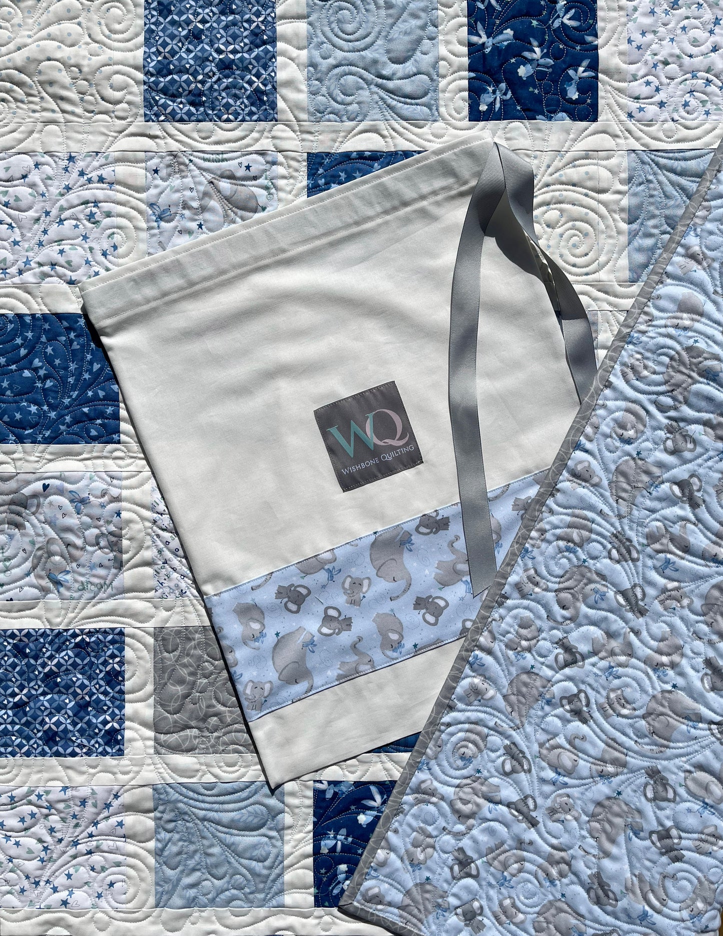 Handmade Baby Boy Quilt, Baby Boy Blanket, Adorable Bunnies, Elephants in Blue, Grey, White (38x43) Ready to Ship!