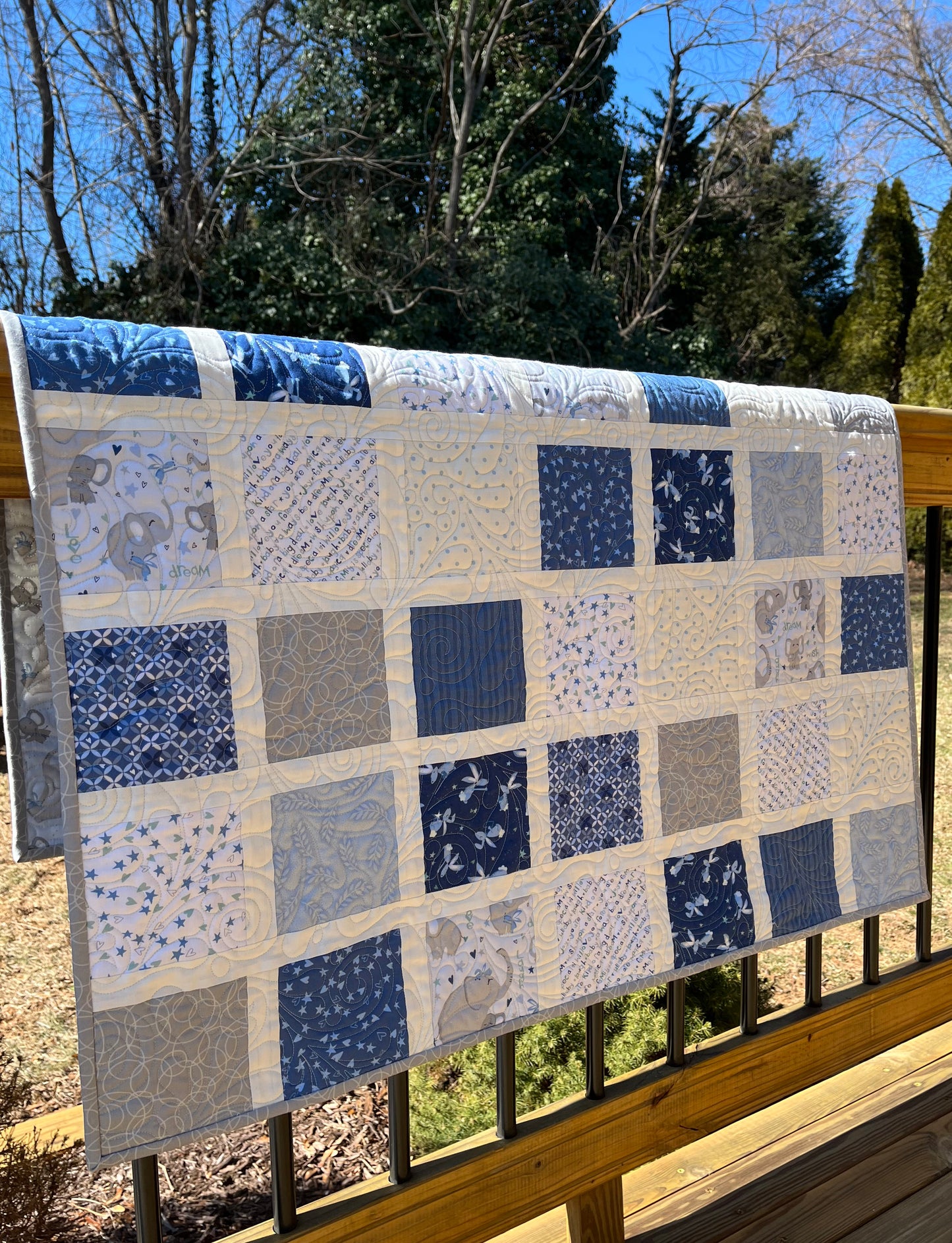 Handmade Baby Boy Quilt, Baby Boy Blanket, Adorable Bunnies, Elephants in Blue, Grey, White (38x43) Ready to Ship!