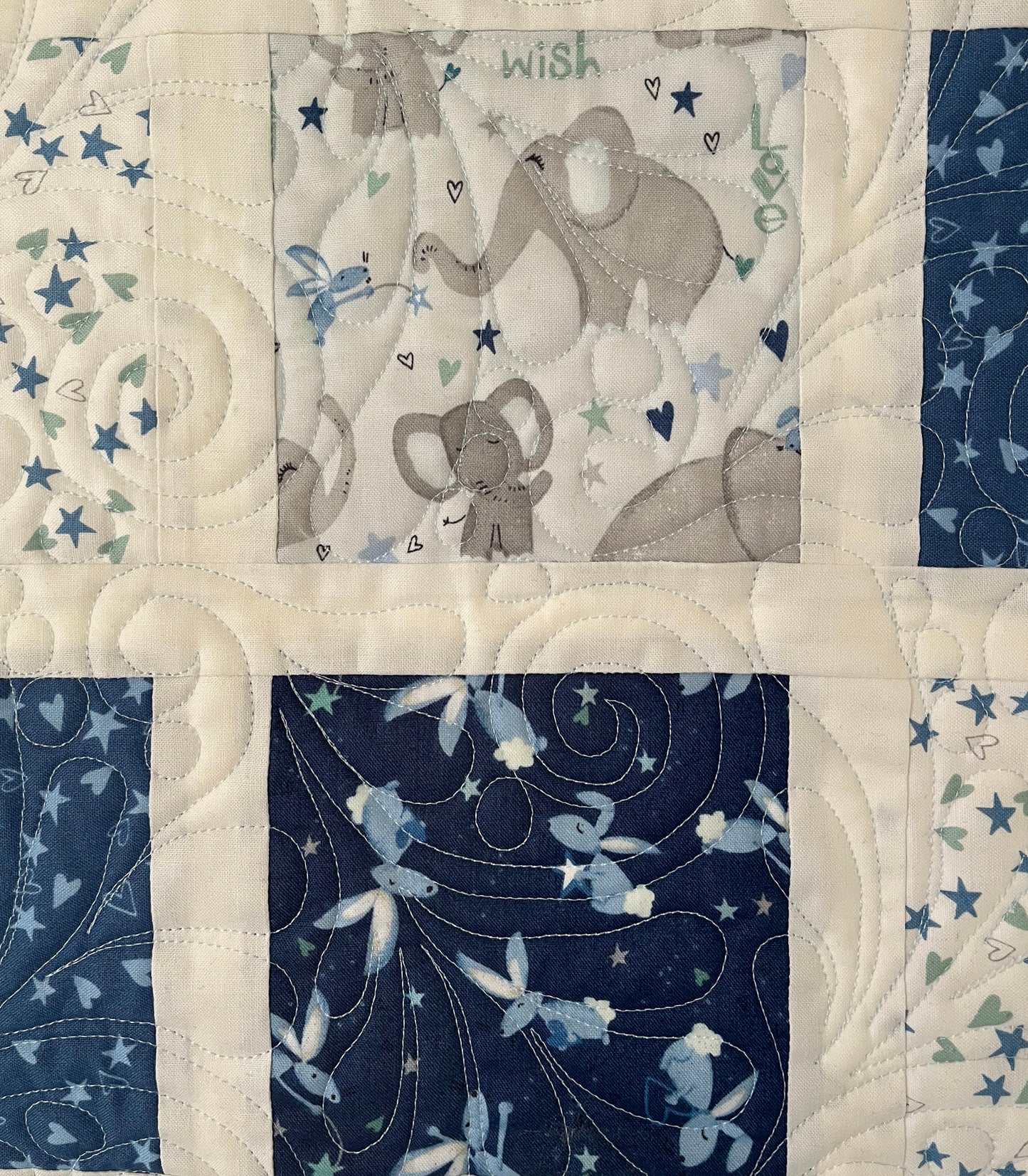 Handmade Baby Boy Quilt, Baby Boy Blanket, Adorable Bunnies, Elephants in Blue, Grey, White (38x43) Ready to Ship!