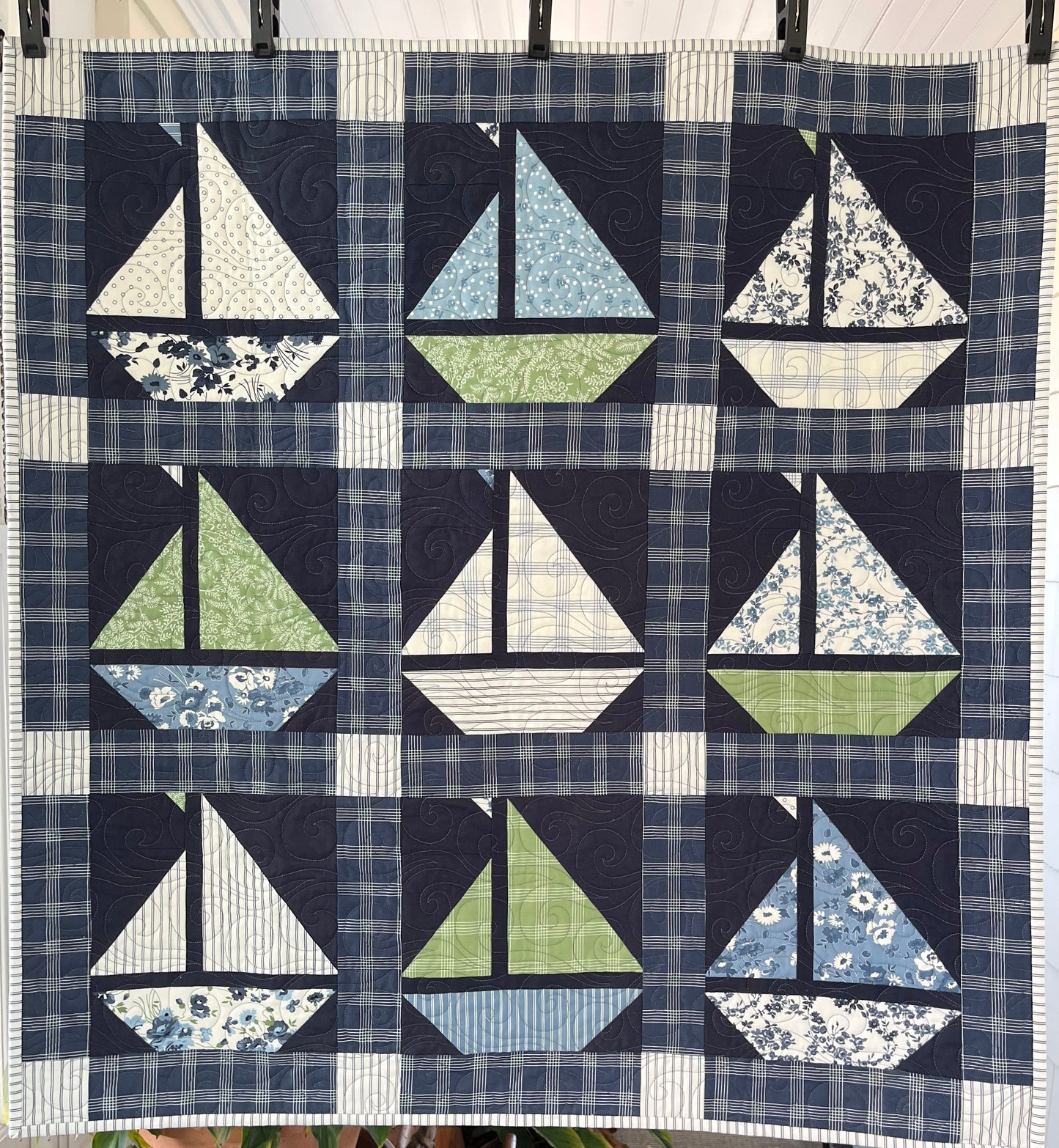 Handmade Sailboat Baby Quilt, Navy Blue Sailboat Baby Blanket (36x38) Moda Nantucket Summer, Nautical Wall Hanging - Ready to Ship!