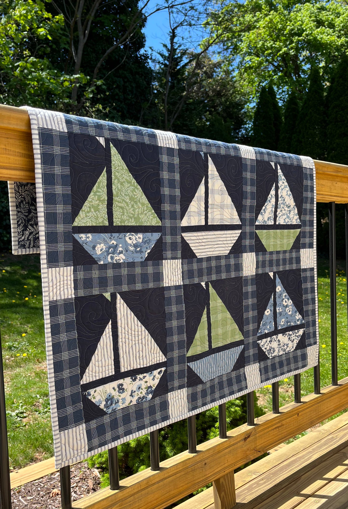 Handmade Sailboat Baby Quilt, Navy Blue Sailboat Baby Blanket (36x38) Moda Nantucket Summer, Nautical Wall Hanging - Ready to Ship!