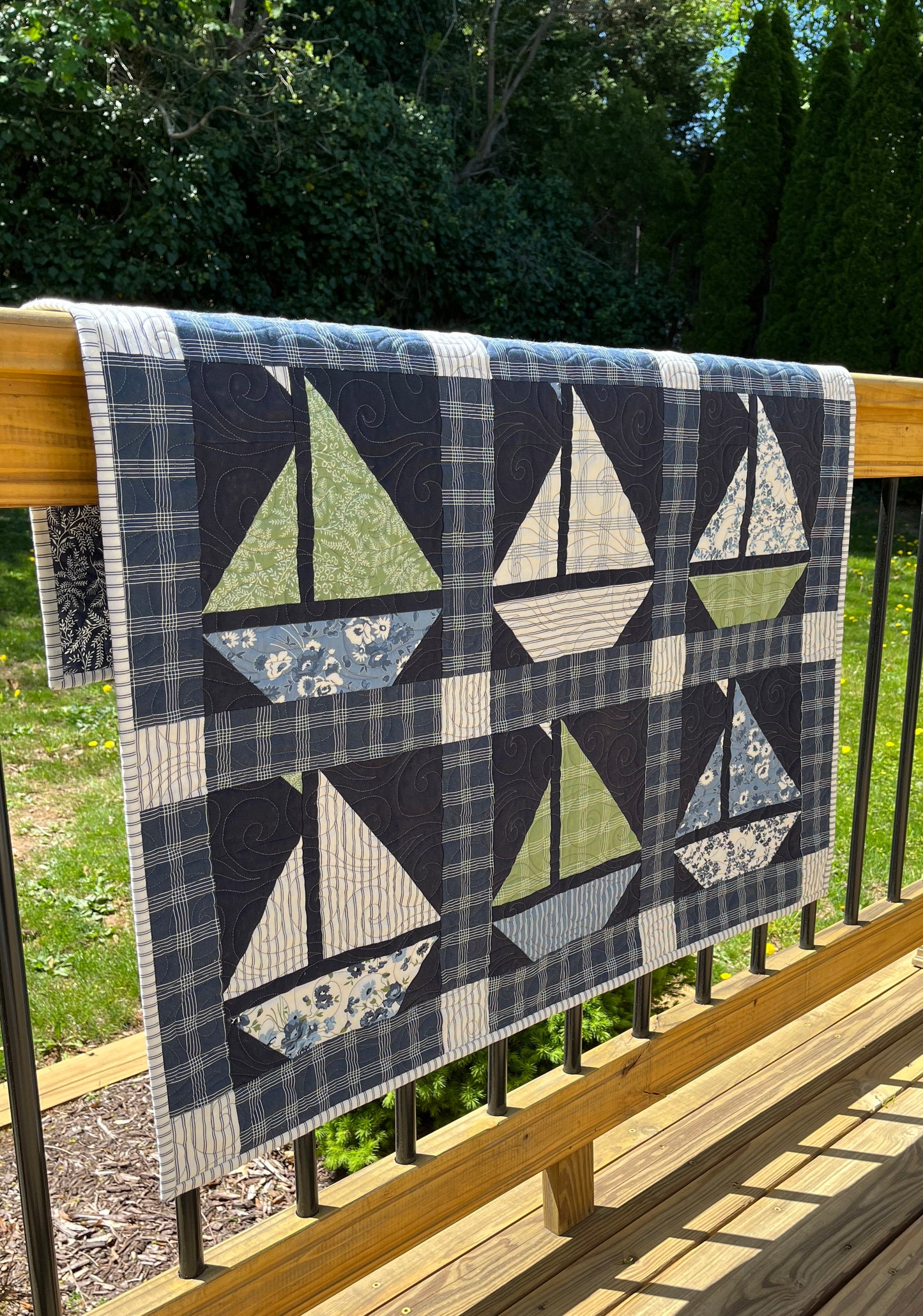Handmade Sailboat Baby Quilt, Navy Blue Sailboat Baby Blanket (36x38) Moda Nantucket Summer, Nautical Wall Hanging - Ready to Ship!