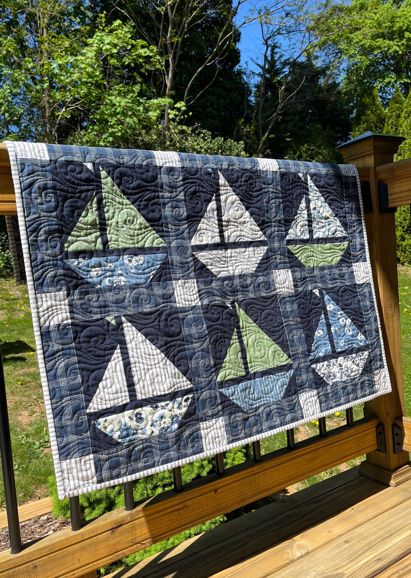Handmade Sailboat Baby Quilt, Navy Blue Sailboat Baby Blanket (36x38) Moda Nantucket Summer, Nautical Wall Hanging - Ready to Ship!