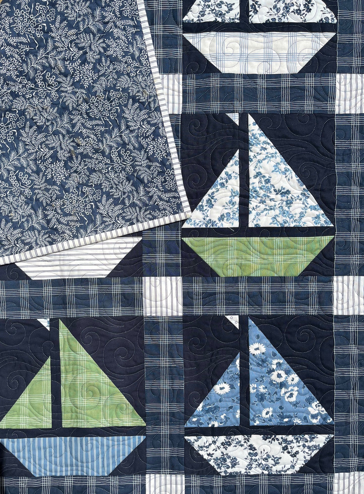Handmade Sailboat Baby Quilt, Navy Blue Sailboat Baby Blanket (36x38) Moda Nantucket Summer, Nautical Wall Hanging - Ready to Ship!