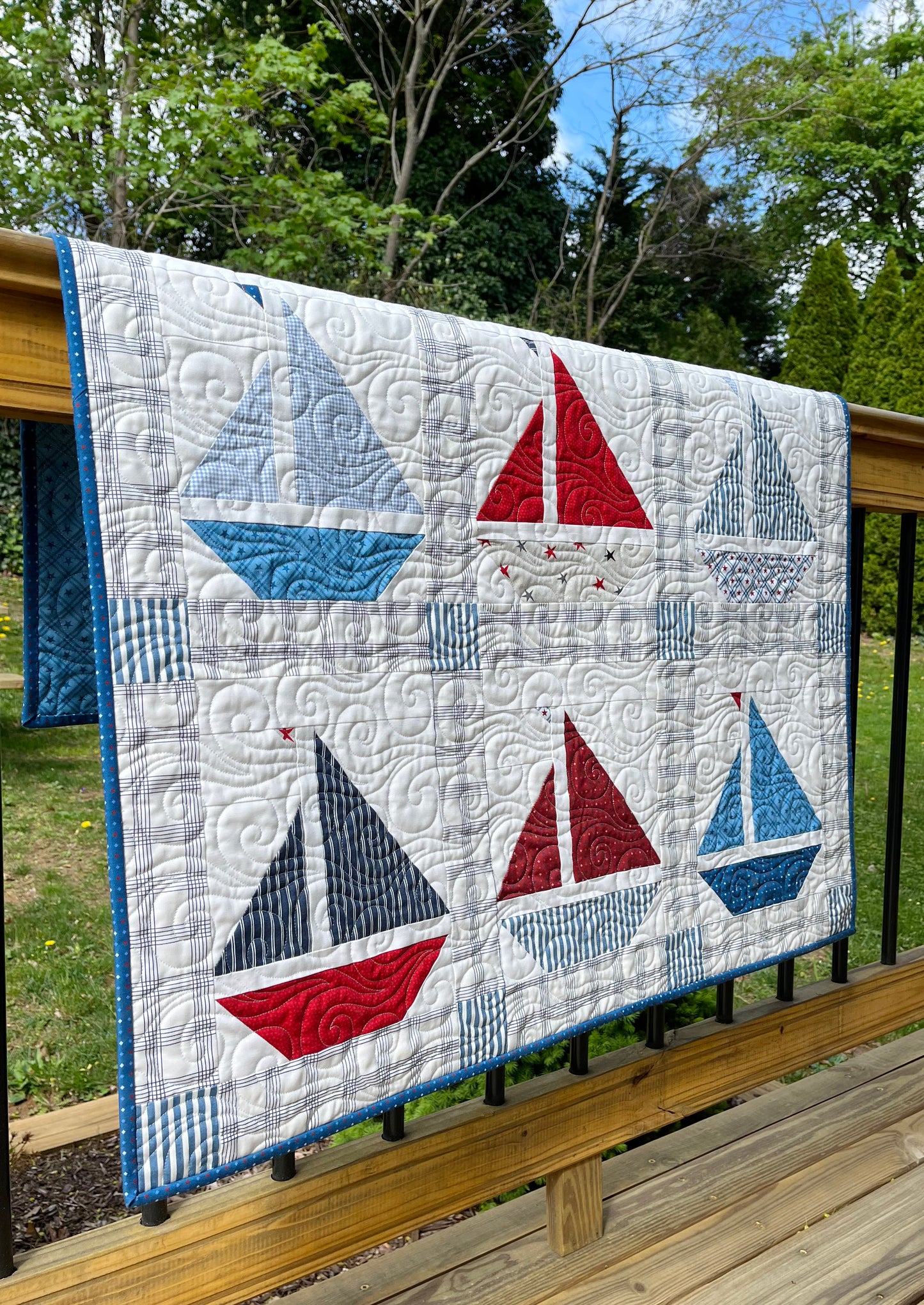Handmade Baby Boy Sailboat Quilt - Nautical Sailboats Red, White & Blue Baby Blanket, Wall Hanging, Table Topper (36x42.5) Ready to Ship!