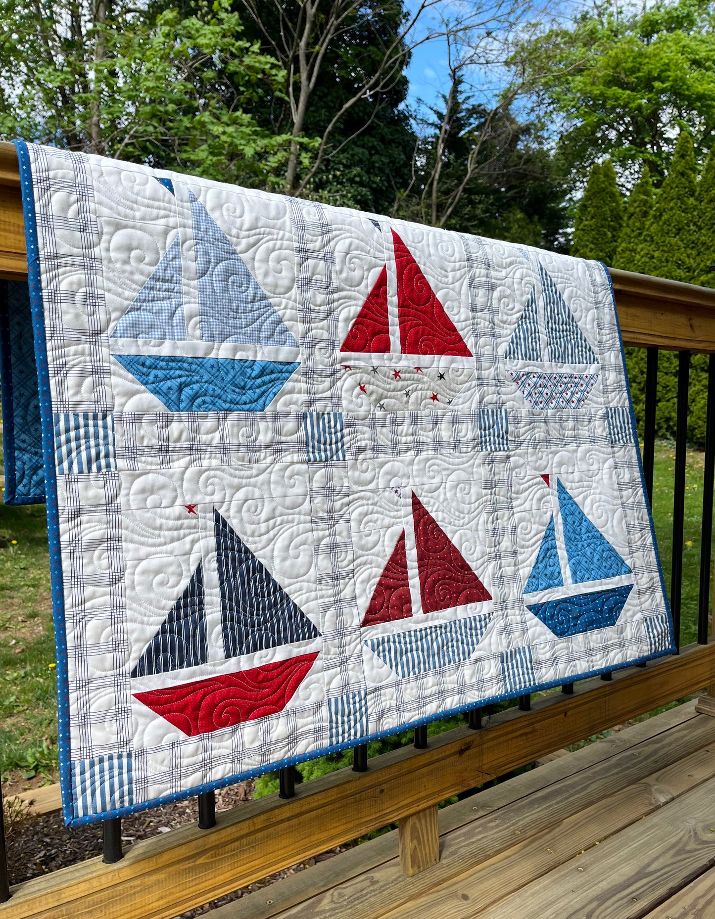Handmade Baby Boy Sailboat Quilt - Nautical Sailboats Red, White & Blue Baby Blanket, Wall Hanging, Table Topper (36x42.5) Ready to Ship!