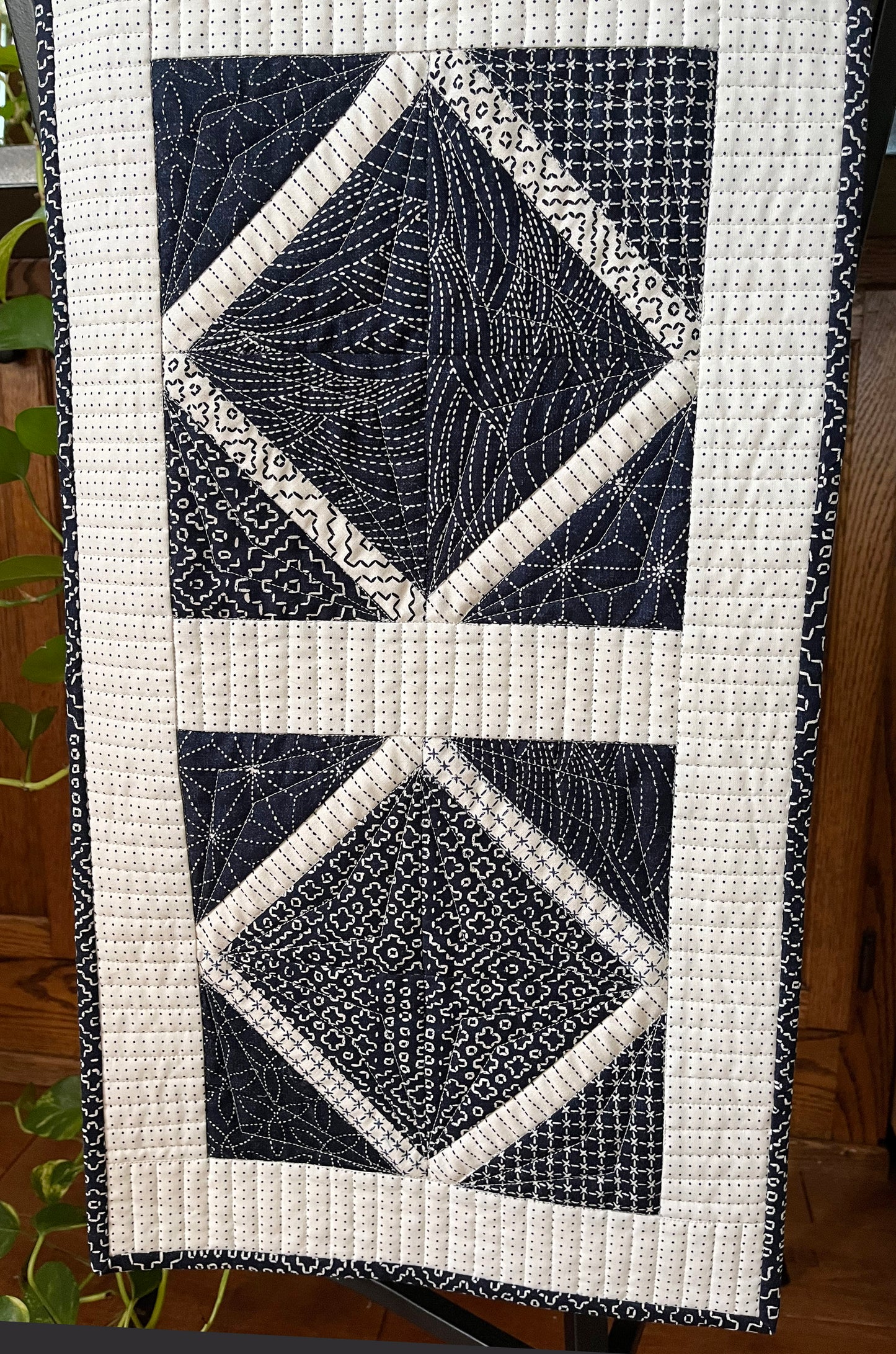 Handmade Quilted Table Runner, Navy & White, Japanese Sashiko Prints, Table Topper (13.5x46) Ready to Ship!