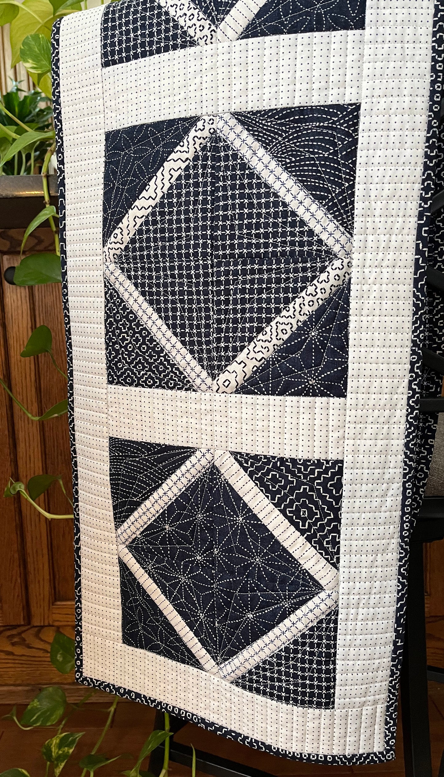 Handmade Quilted Table Runner, Navy & White, Japanese Sashiko Prints, Table Topper (13.5x46) Ready to Ship!