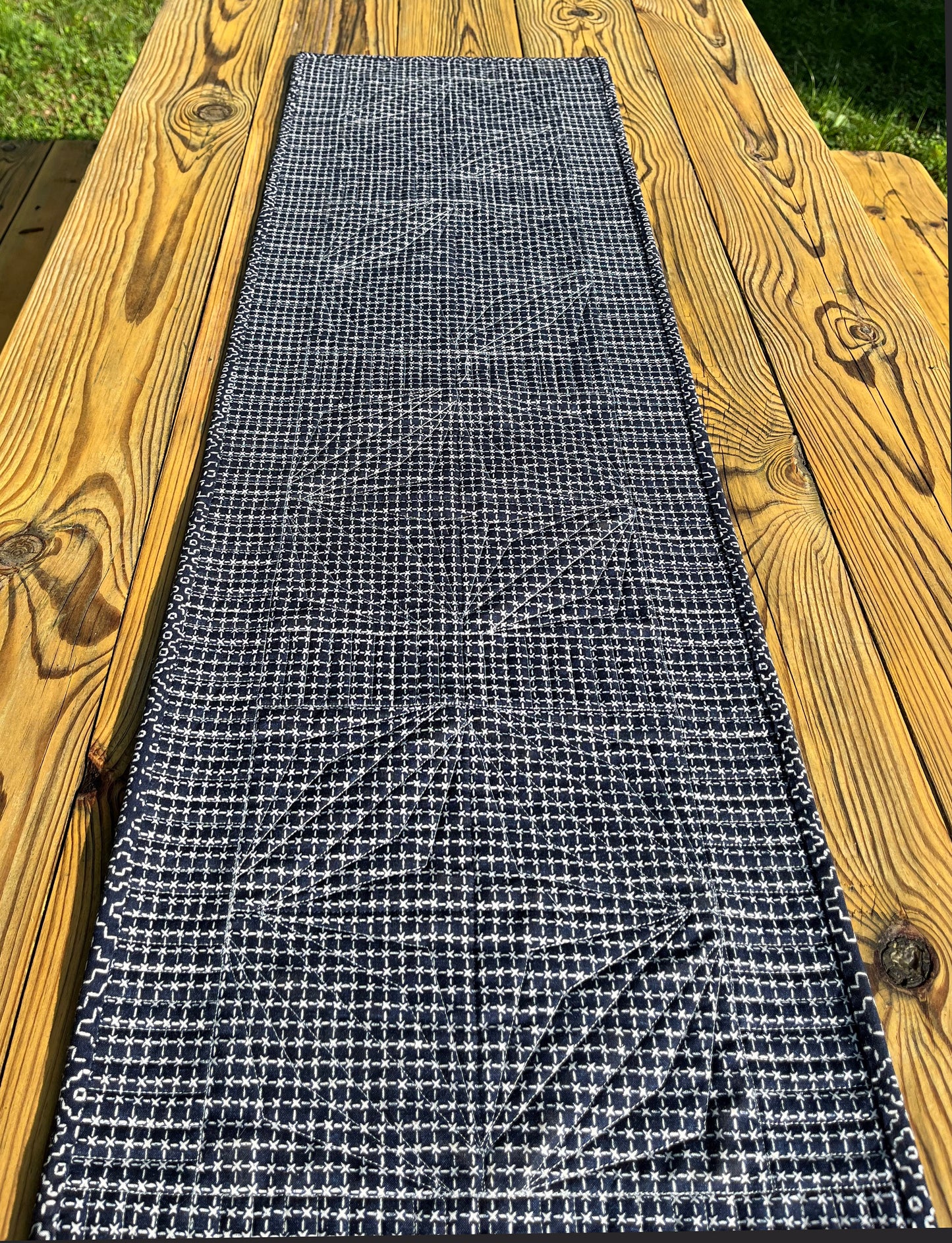Handmade Quilted Table Runner, Navy & White, Japanese Sashiko Prints, Table Topper (13.5x46) Ready to Ship!