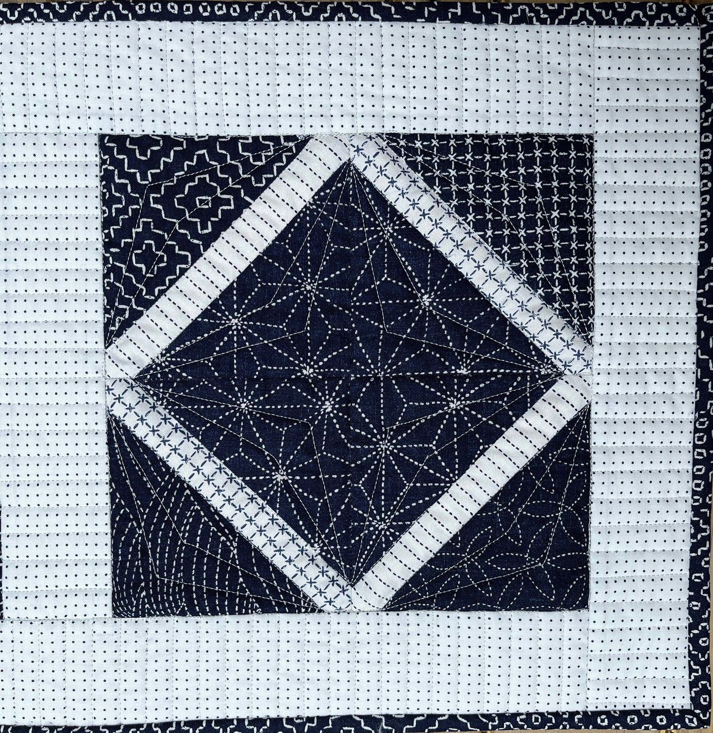 Handmade Quilted Table Runner, Navy & White, Japanese Sashiko Prints, Table Topper (13.5x46) Ready to Ship!