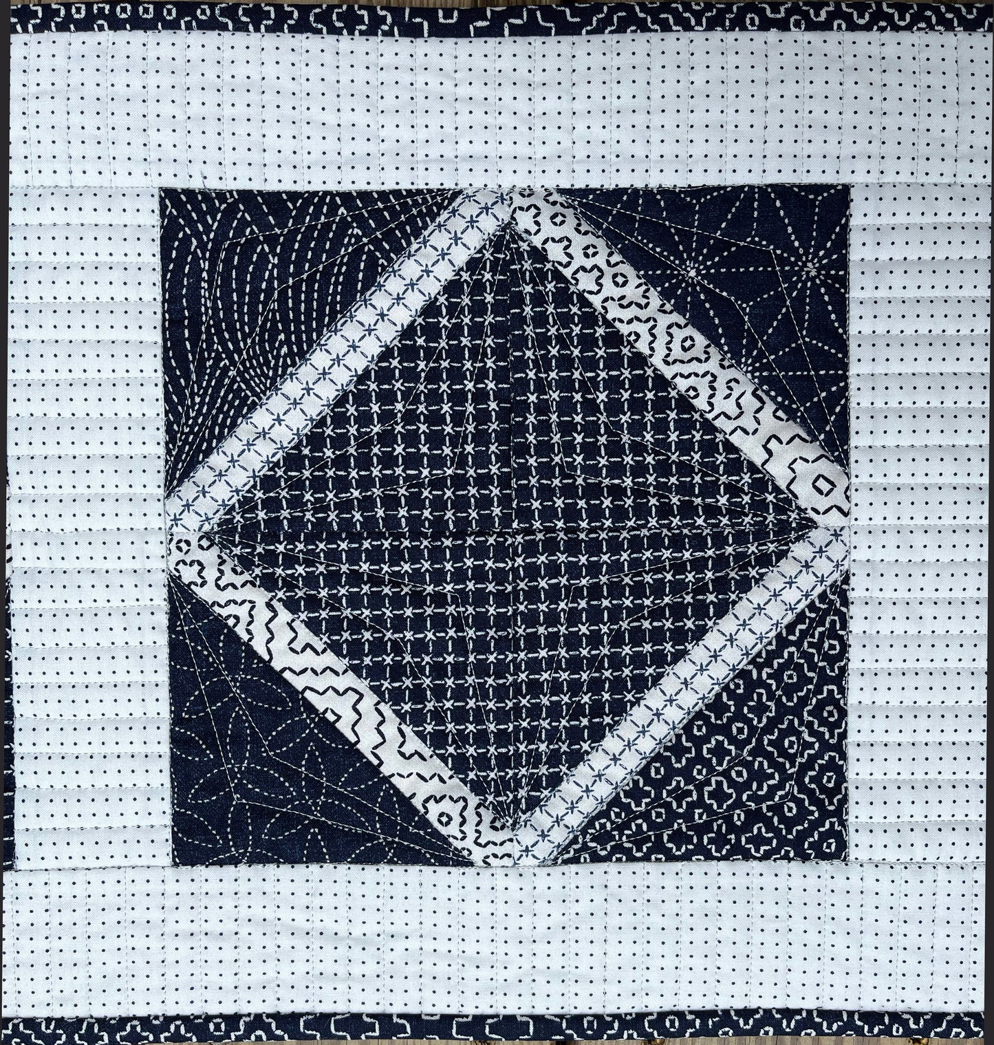 Handmade Quilted Table Runner, Navy & White, Japanese Sashiko Prints, Table Topper (13.5x46) Ready to Ship!