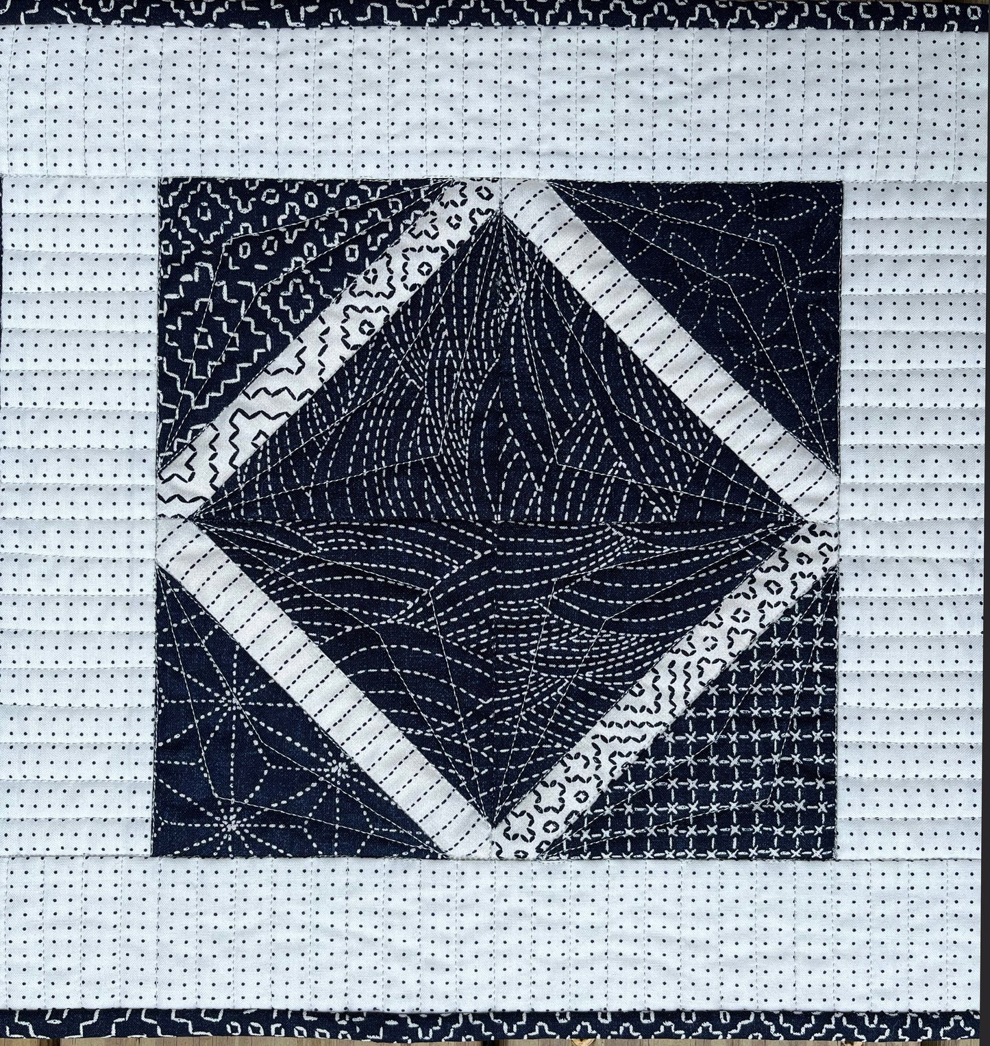 Handmade Quilted Table Runner, Navy & White, Japanese Sashiko Prints, Table Topper (13.5x46) Ready to Ship!
