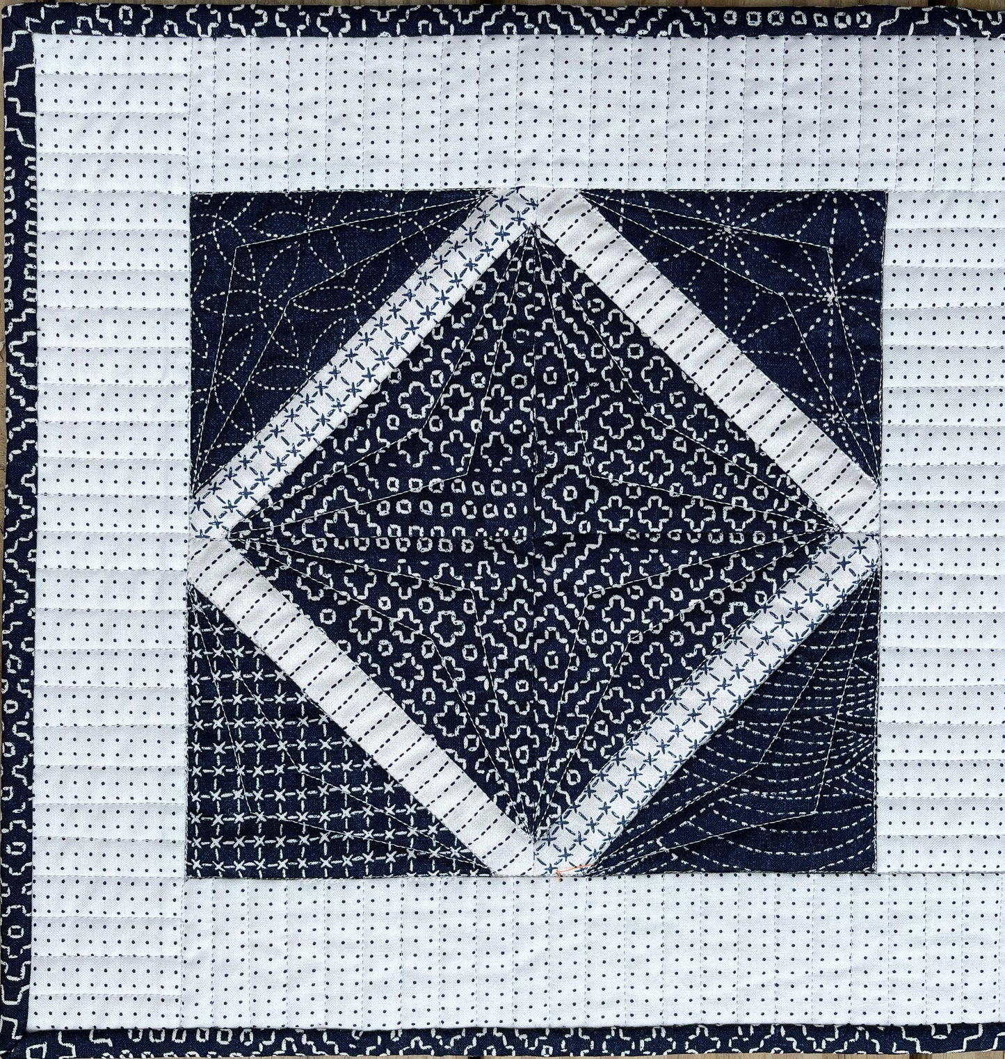 Handmade Quilted Table Runner, Navy & White, Japanese Sashiko Prints, Table Topper (13.5x46) Ready to Ship!