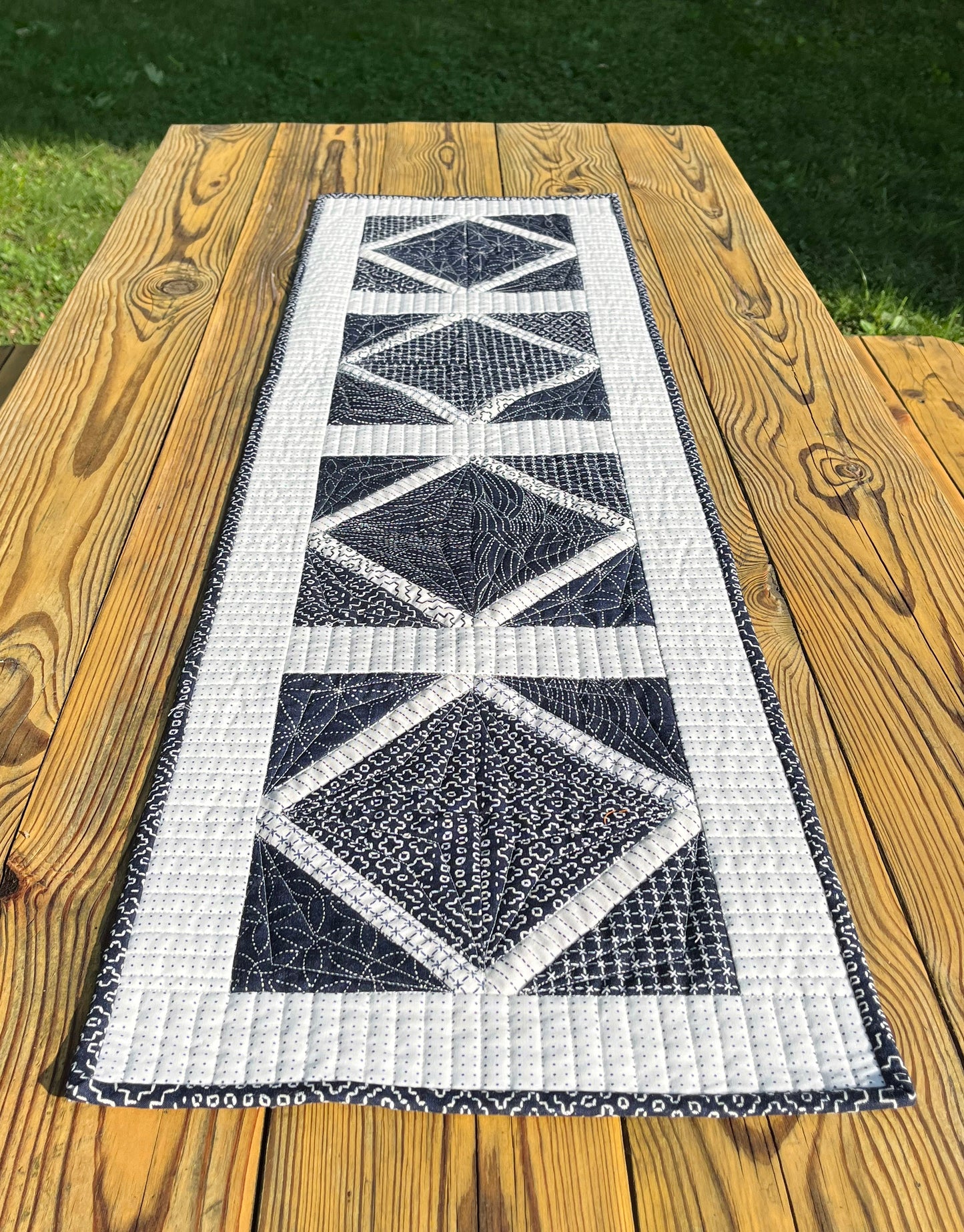 Handmade Quilted Table Runner, Navy & White, Japanese Sashiko Prints, Table Topper (13.5x46) Ready to Ship!