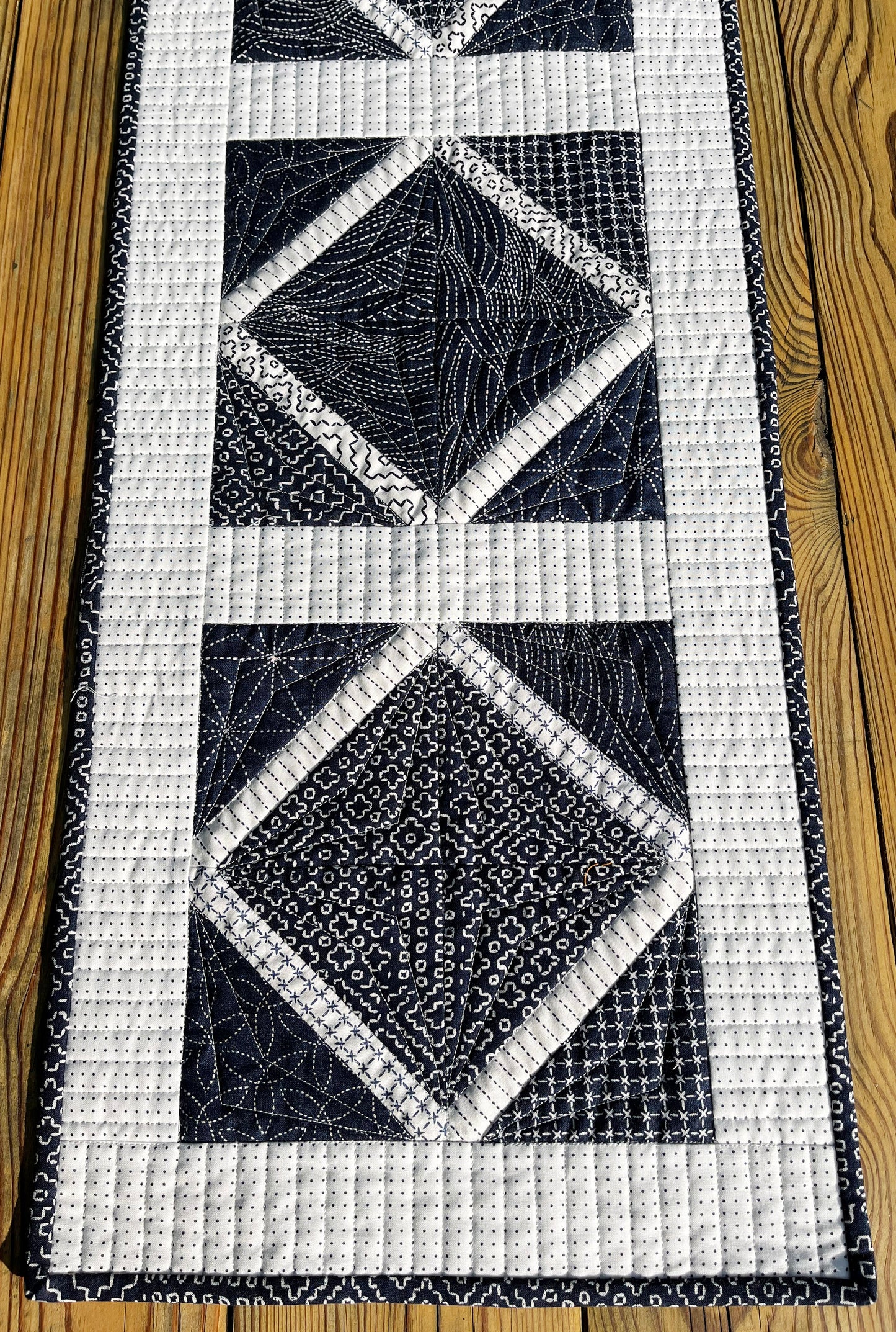 Handmade Quilted Table Runner, Navy & White, Japanese Sashiko Prints, Table Topper (13.5x46) Ready to Ship!