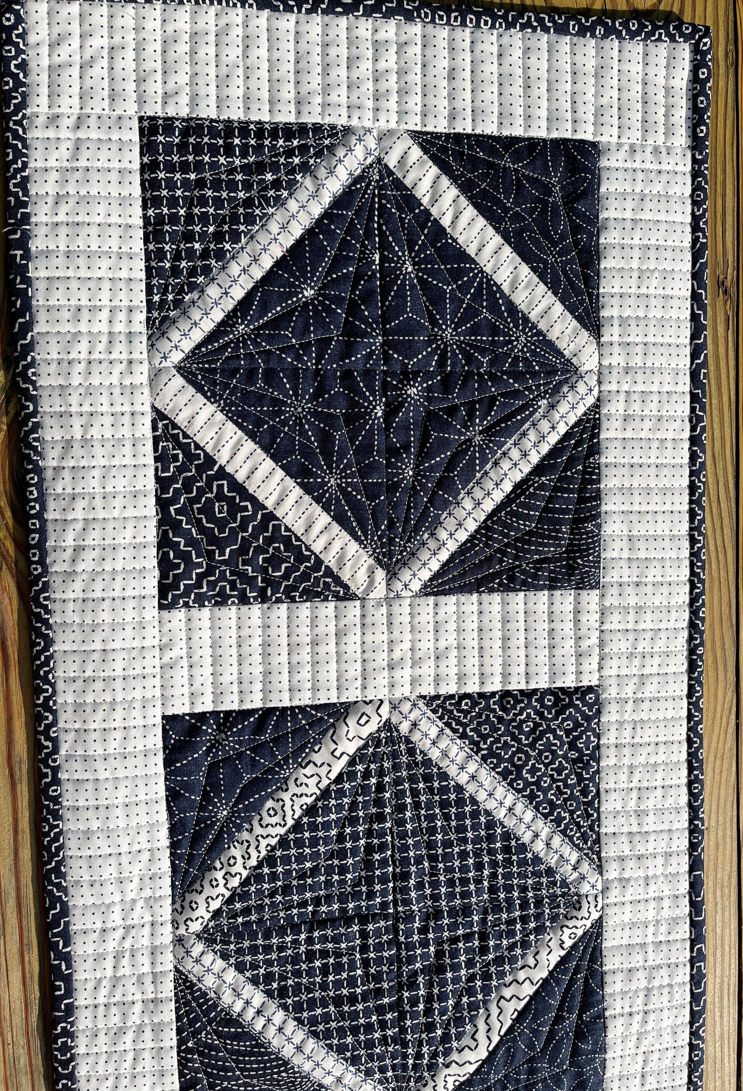 Handmade Quilted Table Runner, Navy & White, Japanese Sashiko Prints, Table Topper (13.5x46) Ready to Ship!