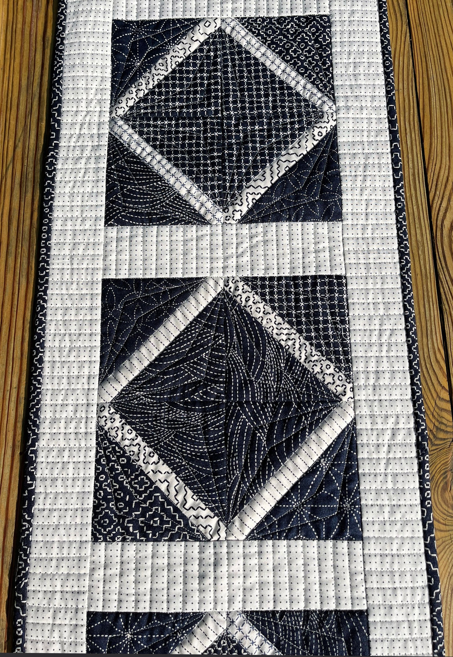 Handmade Quilted Table Runner, Navy & White, Japanese Sashiko Prints, Table Topper (13.5x46) Ready to Ship!