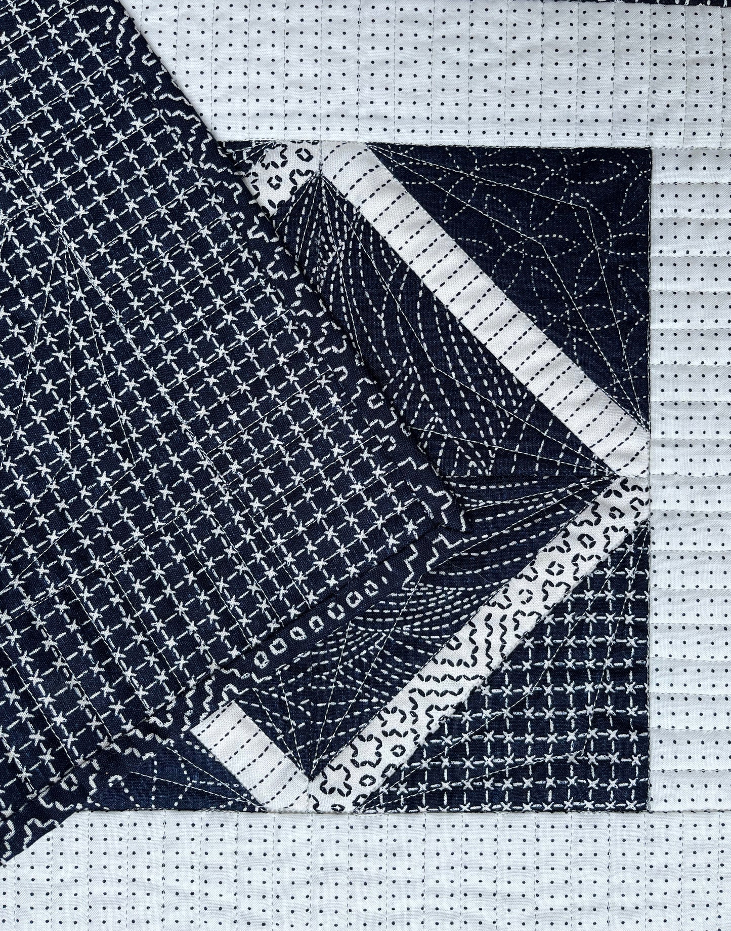 Handmade Quilted Table Runner, Navy & White, Japanese Sashiko Prints, Table Topper (13.5x46) Ready to Ship!