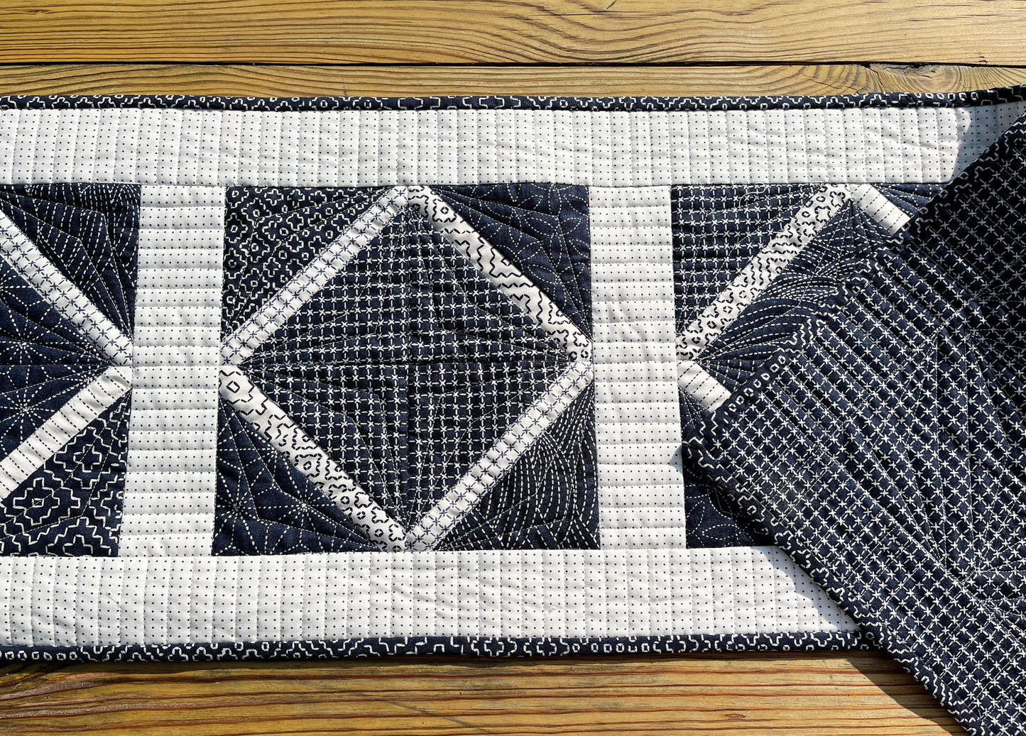 Handmade Quilted Table Runner, Navy & White, Japanese Sashiko Prints, Table Topper (13.5x46) Ready to Ship!