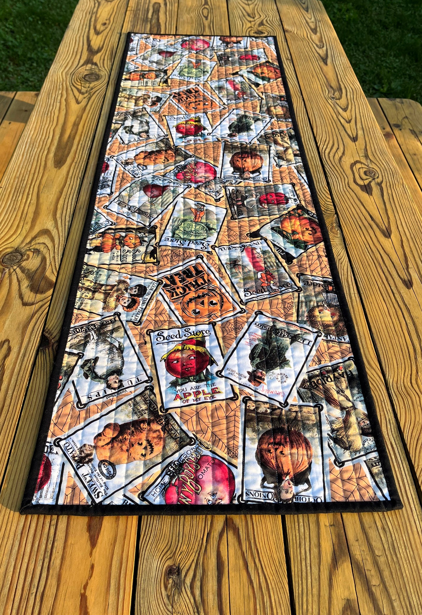 Handmade Halloween Quilted Table Runner - Unique Halloween Riley Blake Pumpkin Seed Packets#2 (15x50)