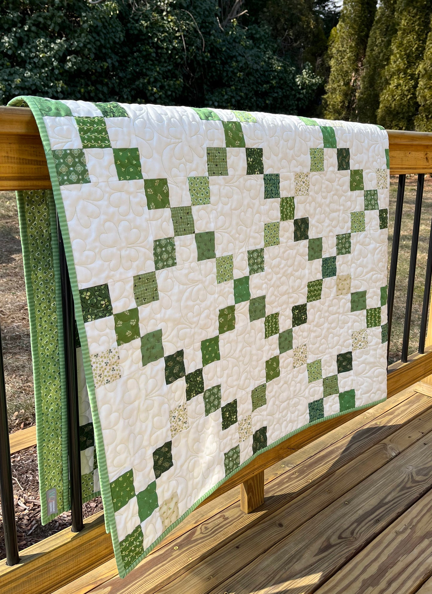 Handmade St Patrick's Day Irish Chain Quilt, Quilted Shamrocks & 4 Leaf Clovers - Throw Size (60x72) Ready to Ship!