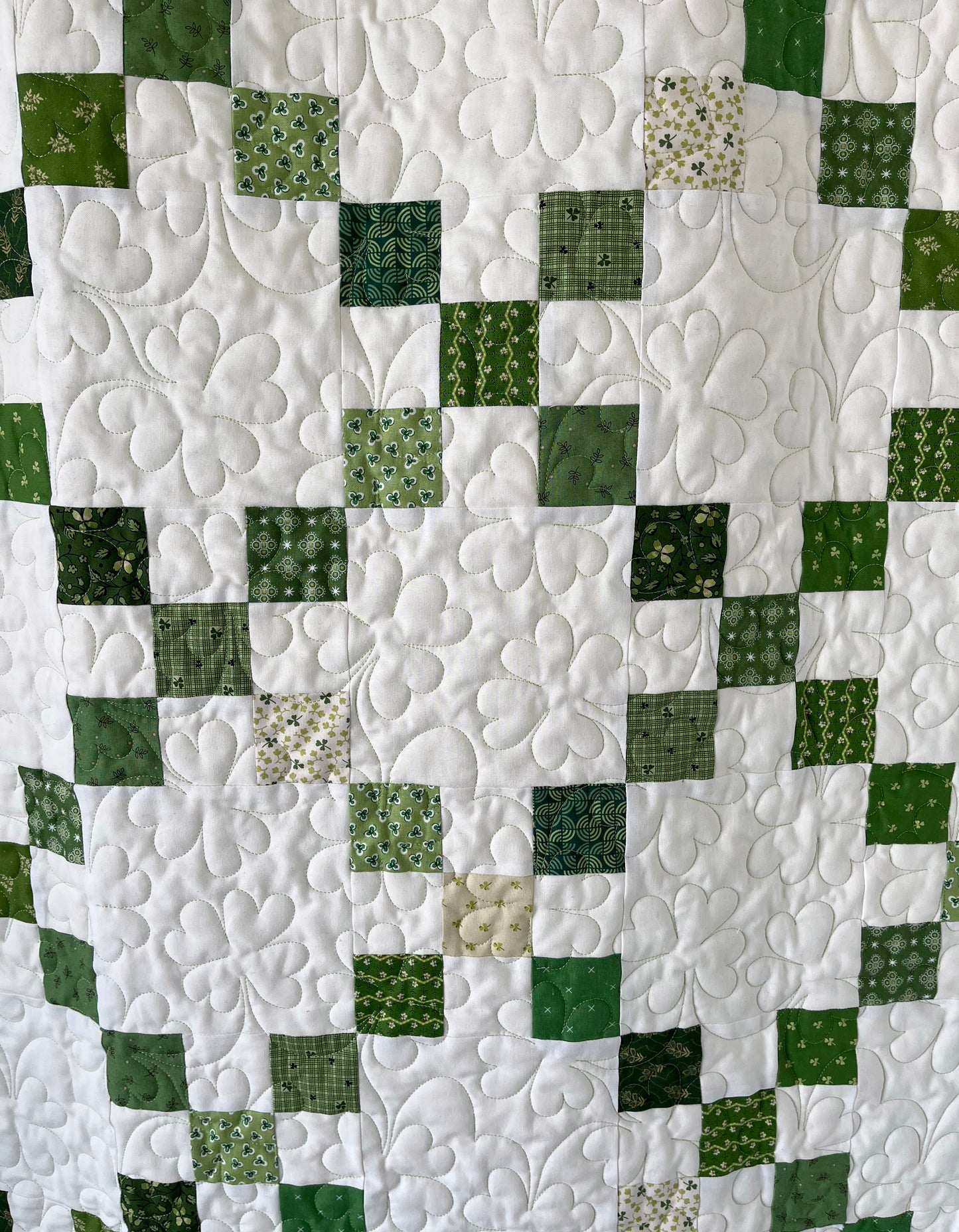 Handmade St Patrick's Day Irish Chain Quilt, Quilted Shamrocks & 4 Leaf Clovers - Throw Size (60x72) Ready to Ship!