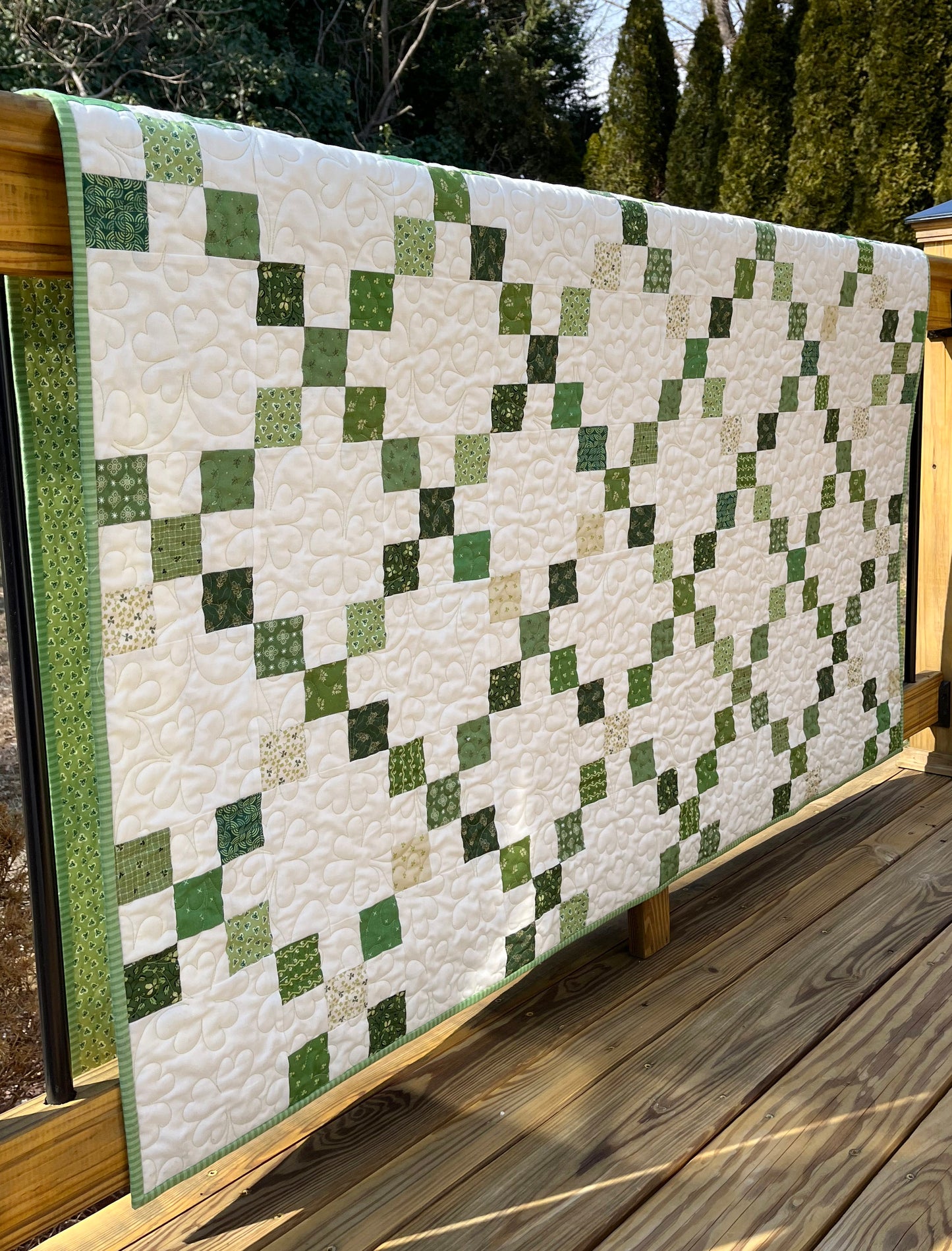 Handmade St Patrick's Day Irish Chain Quilt, Quilted Shamrocks & 4 Leaf Clovers - Throw Size (60x72) Ready to Ship!