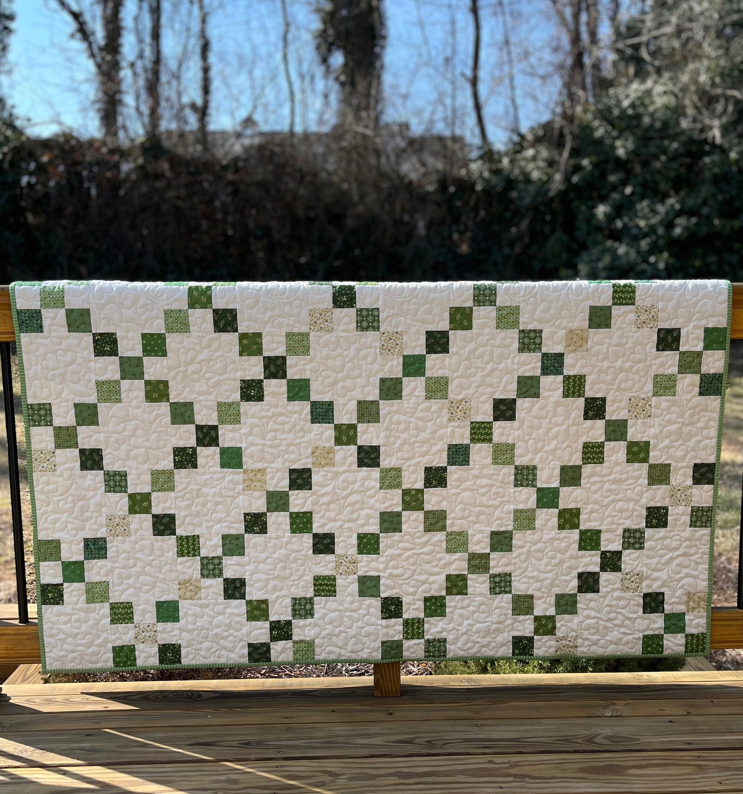 Handmade St Patrick's Day Irish Chain Quilt, Quilted Shamrocks & 4 Leaf Clovers - Throw Size (60x72) Ready to Ship!