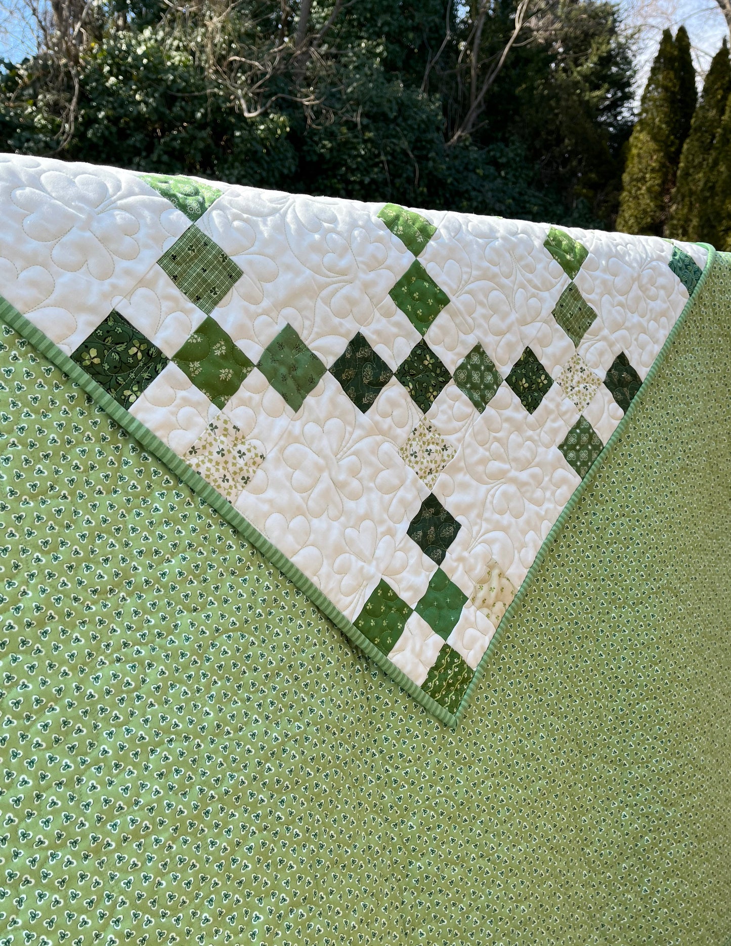 Handmade St Patrick's Day Irish Chain Quilt, Quilted Shamrocks & 4 Leaf Clovers - Throw Size (60x72) Ready to Ship!