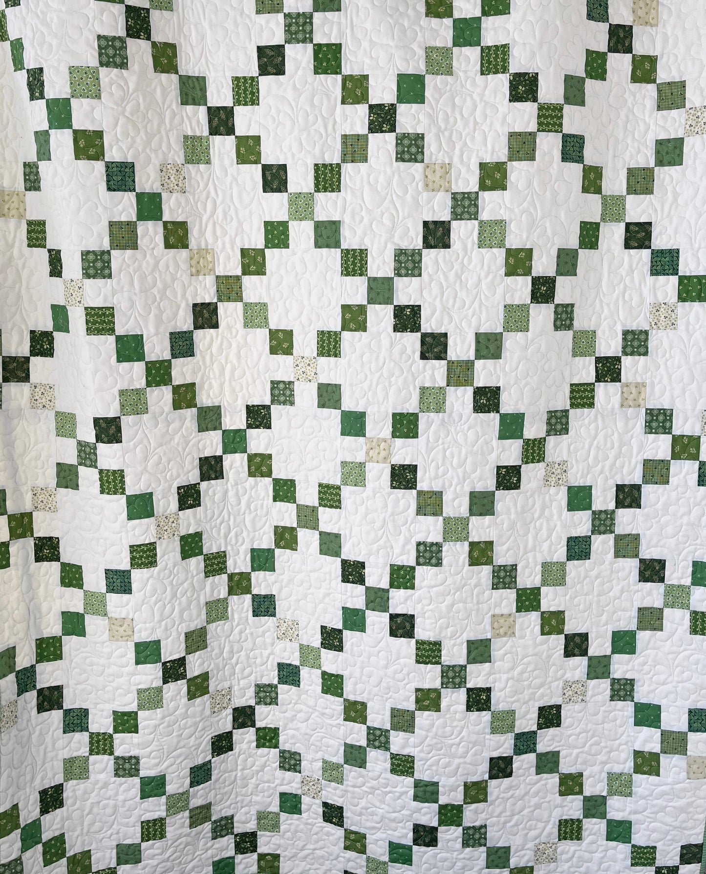 Handmade St Patrick's Day Irish Chain Quilt, Quilted Shamrocks & 4 Leaf Clovers - Throw Size (60x72) Ready to Ship!