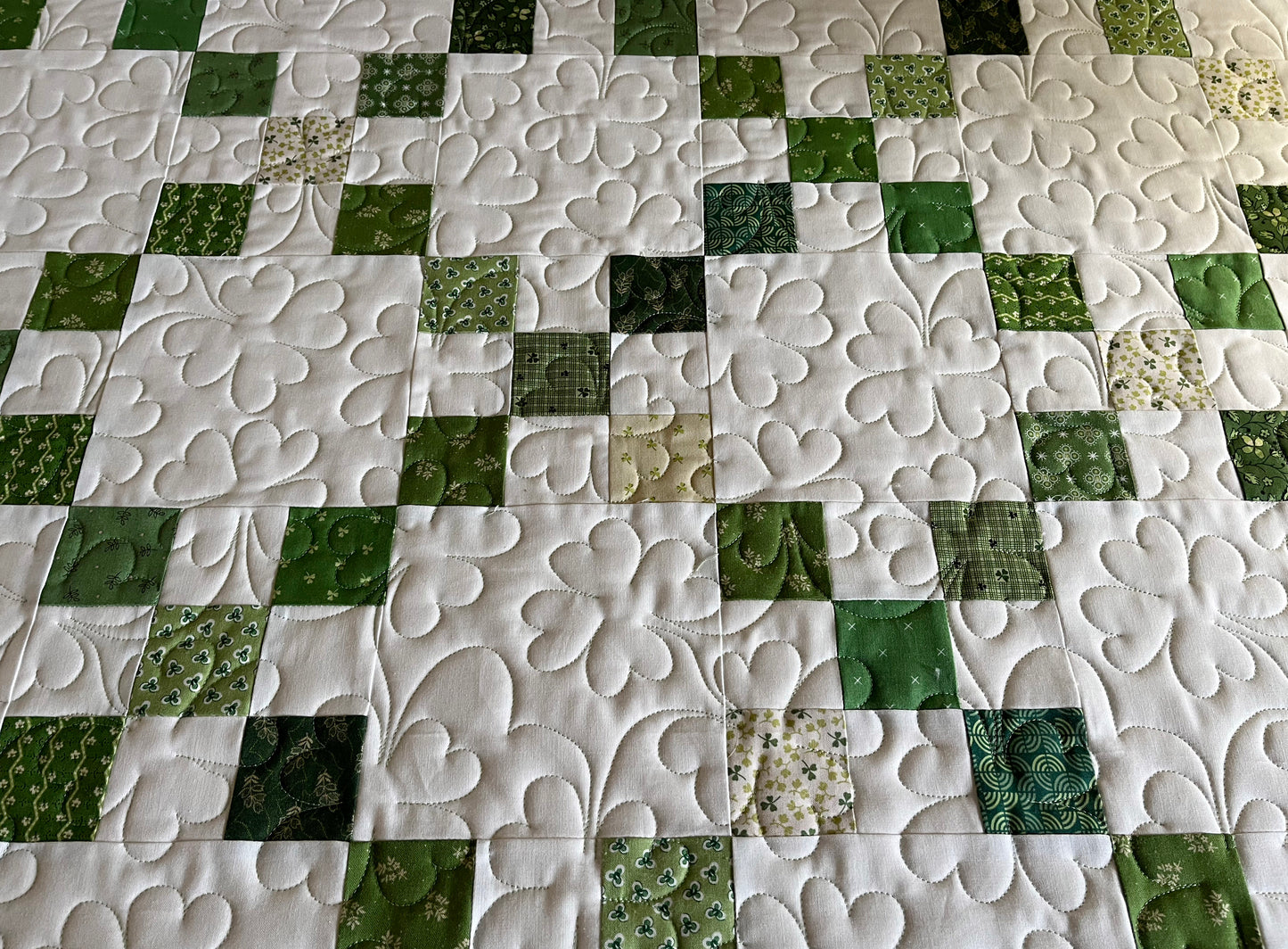 Handmade Irish Chain Quilt - Green Clovers and Shamrocks - Custom Made for CW - Throw Size (60"x72")