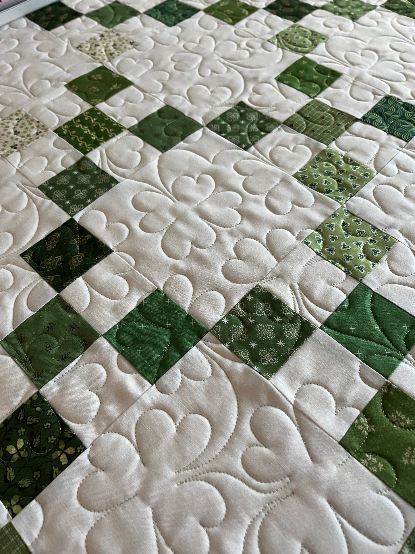 Handmade Irish Chain Quilt - Green Clovers and Shamrocks - Custom Made for CW - Throw Size (60"x72")